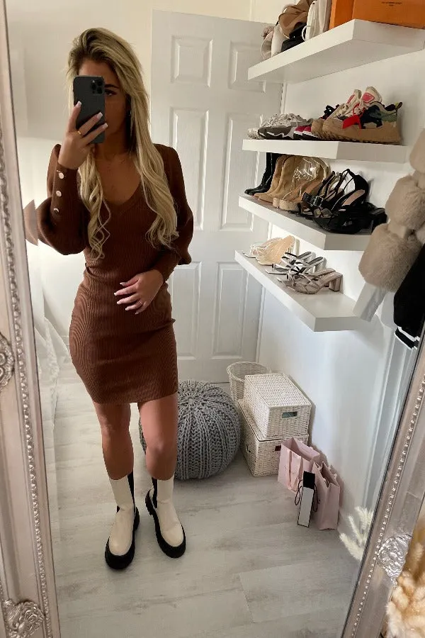 BROWN V-NECK POPPER BUTTON KNITTED BODYCON DRESS