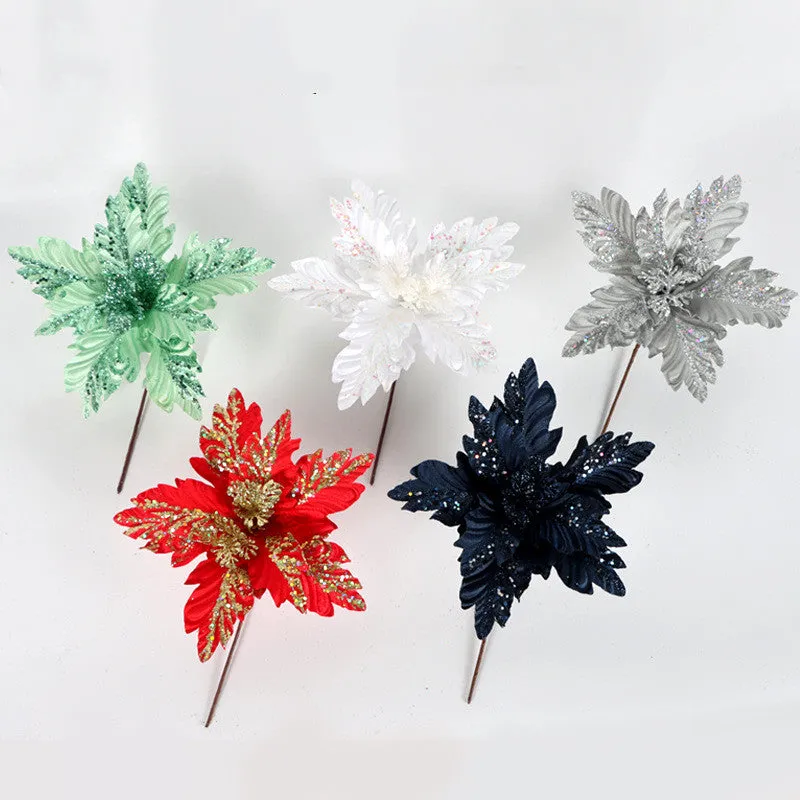 Bulk Exclusive 500pcs Customized Glitter Christmas Poinsettia Stems Flowers Christmas Decorations Wholesale