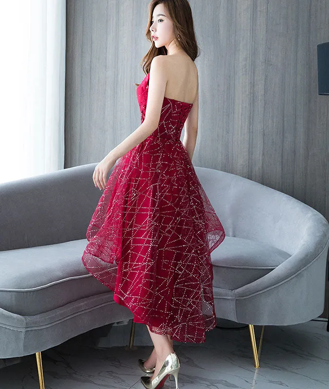 Burgundy tulle lace short prom dress, burgundy lace homecoming dress