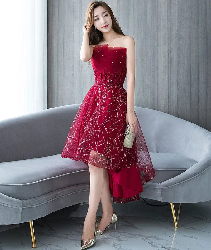 Burgundy tulle lace short prom dress, burgundy lace homecoming dress