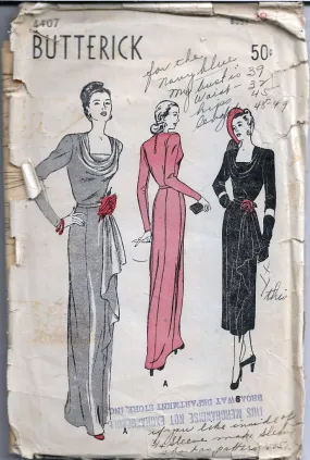 Butterick 4407 Ladies Evening Gown Dress Vintage Sewing Pattern 1940s Unprinted Rare