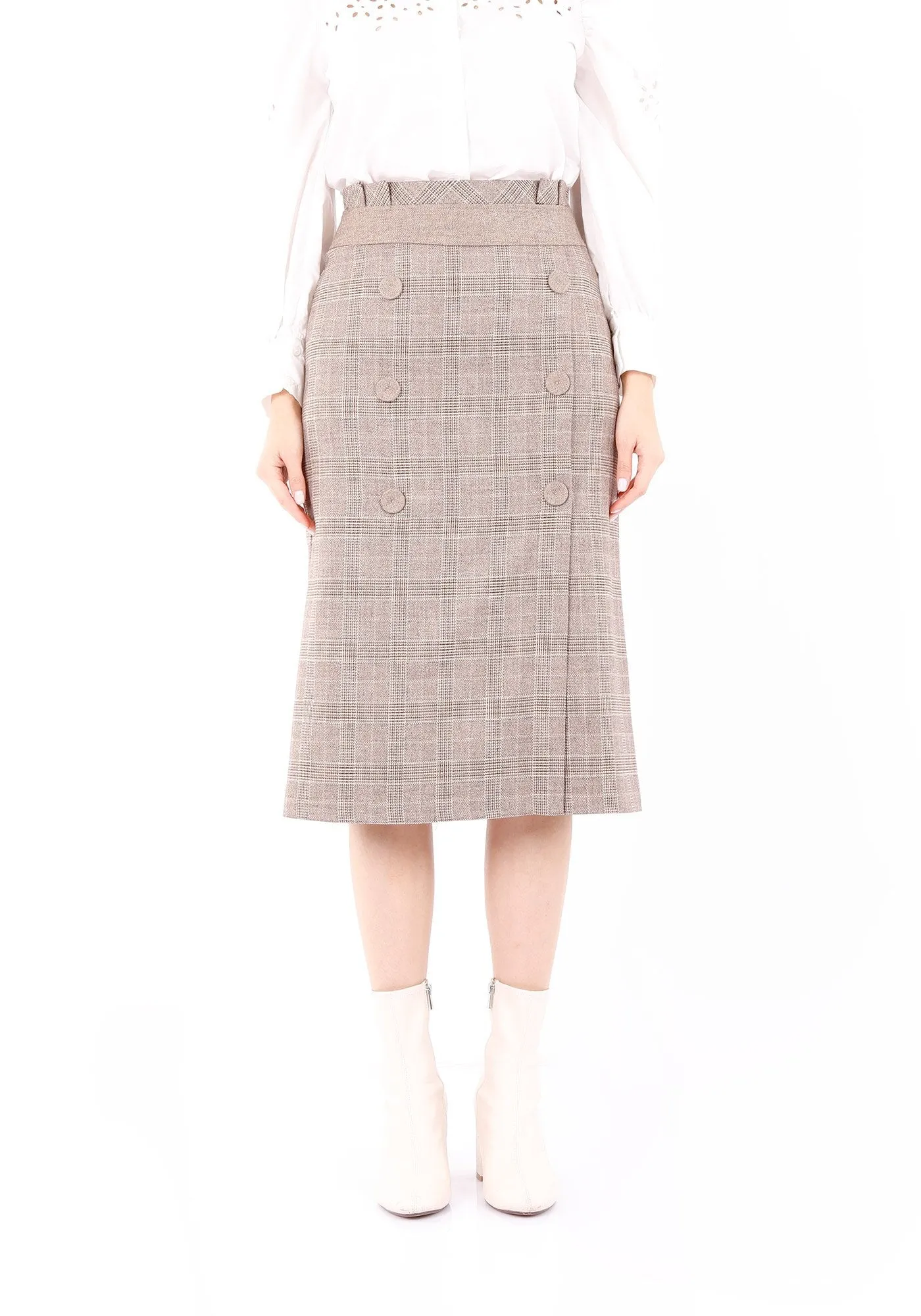 Camel Midi Tartan Straight Plaid Belted Skirt with Decorative Buttons