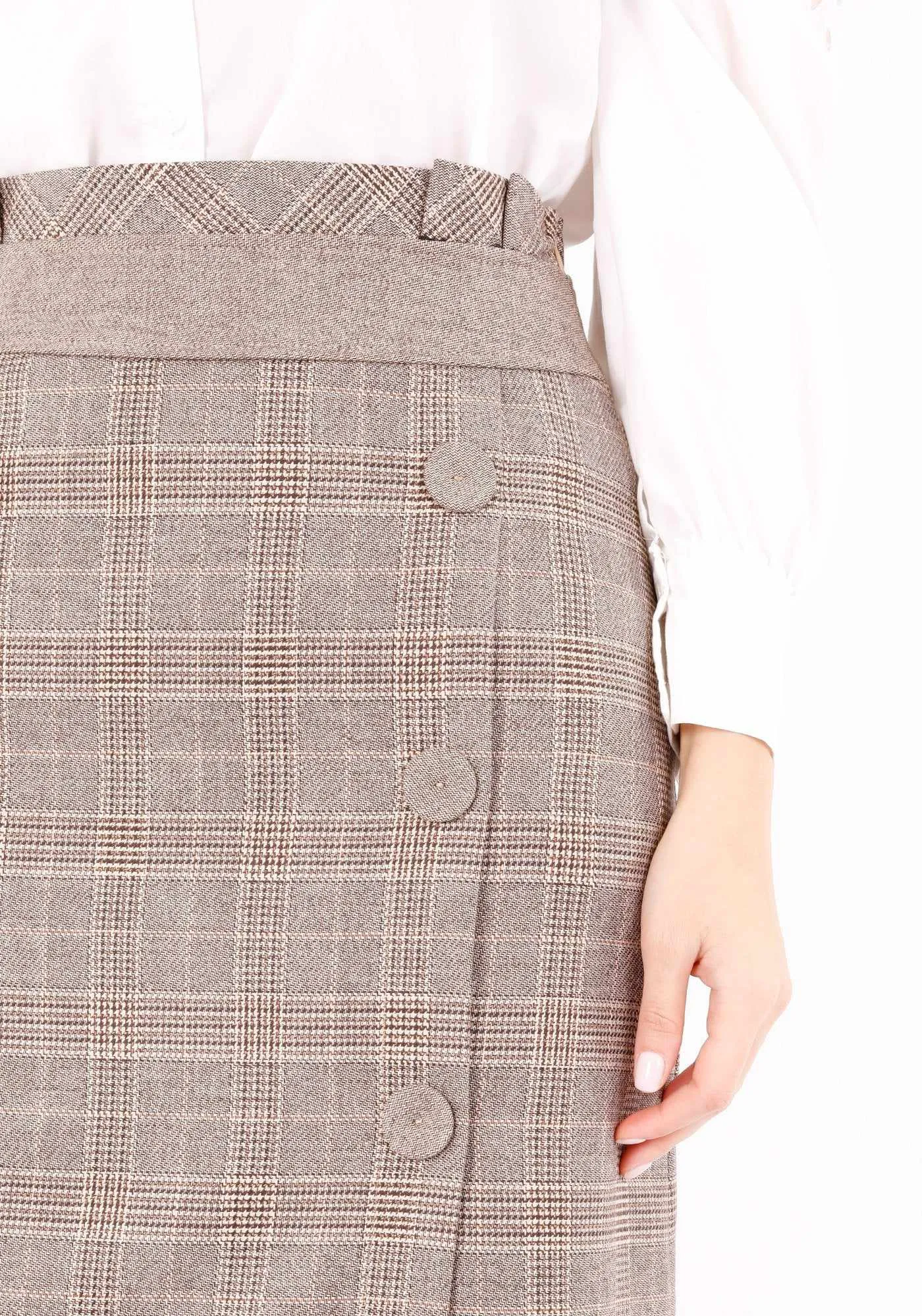 Camel Midi Tartan Straight Plaid Belted Skirt with Decorative Buttons