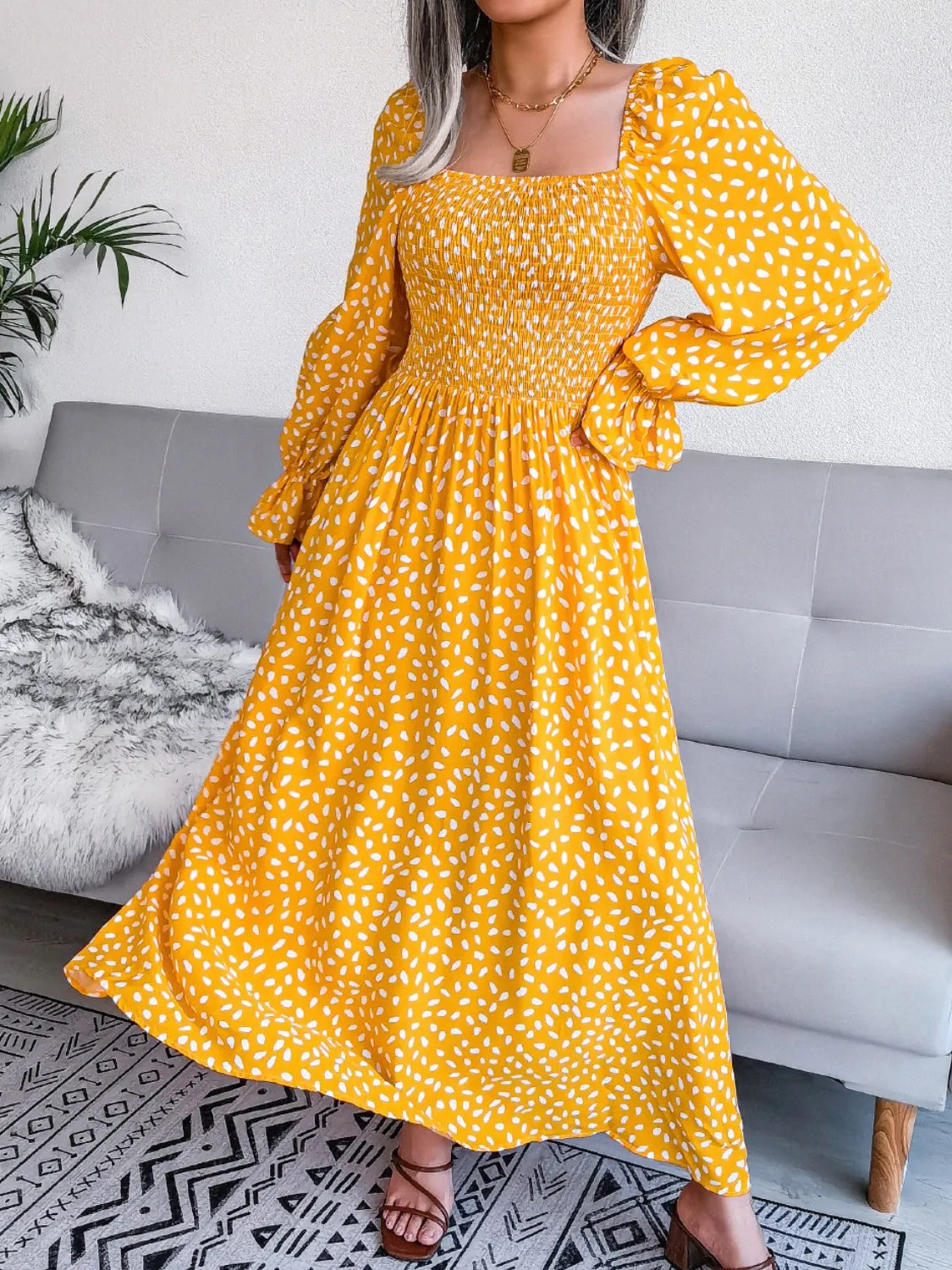 Casual Maxi Dress Smocked Square Neck Flounce Sleeves Women's Fashion