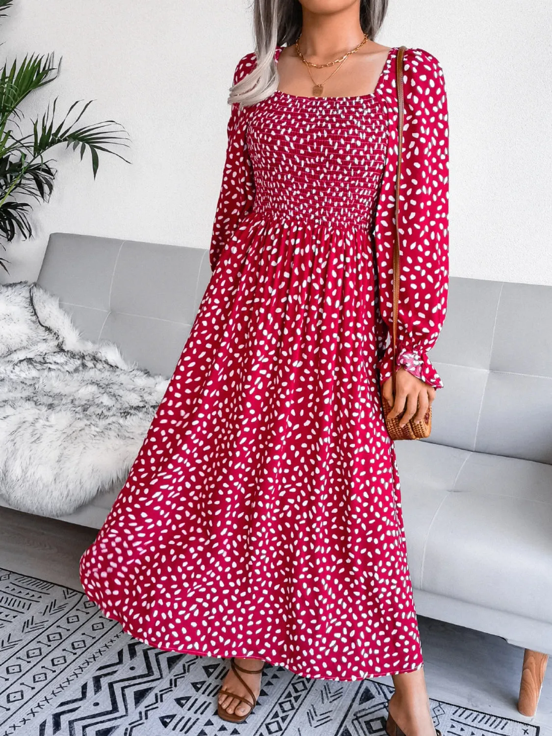 Casual Maxi Dress Smocked Square Neck Flounce Sleeves Women's Fashion