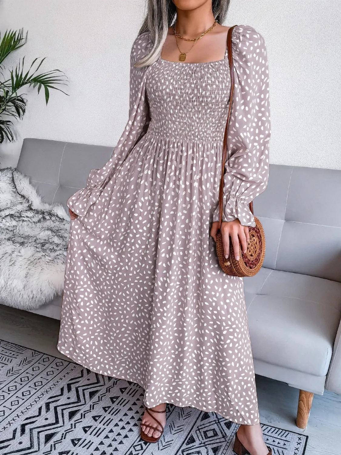 Casual Maxi Dress Smocked Square Neck Flounce Sleeves Women's Fashion