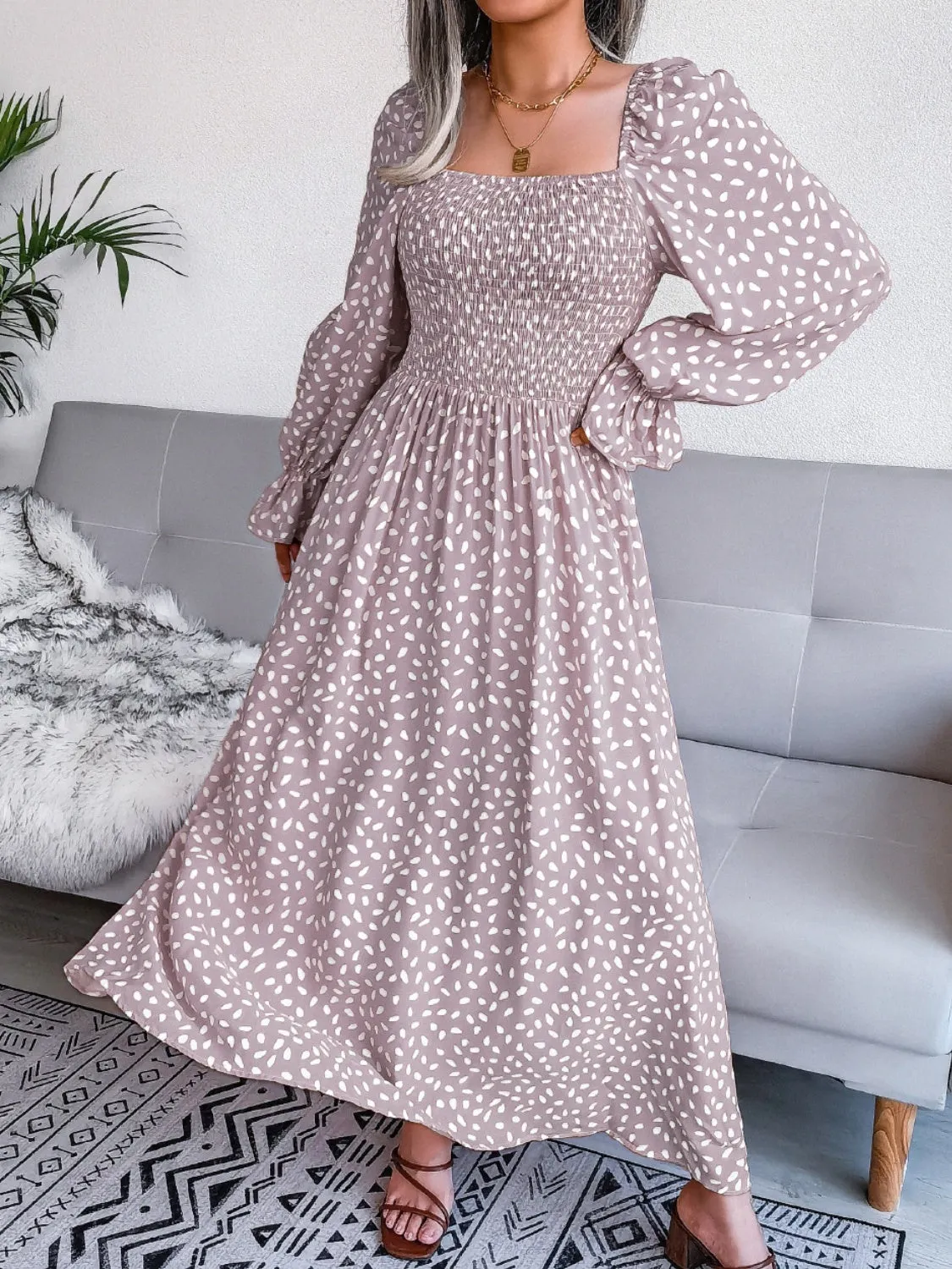 Casual Maxi Dress Smocked Square Neck Flounce Sleeves Women's Fashion