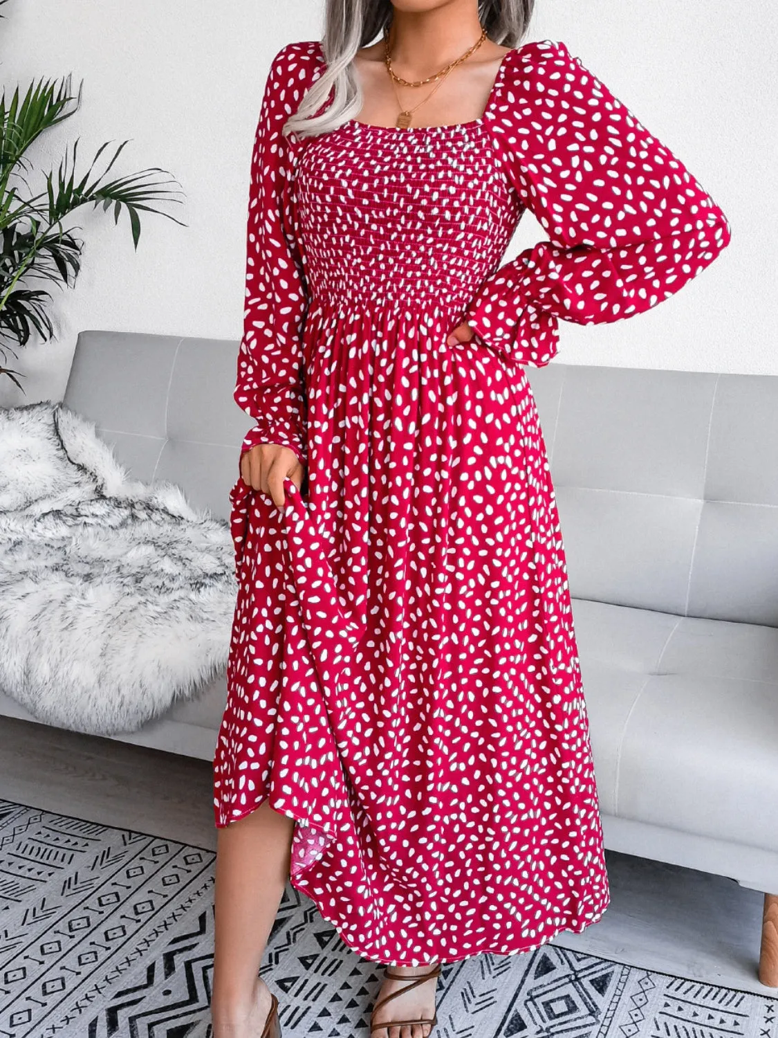 Casual Maxi Dress Smocked Square Neck Flounce Sleeves Women's Fashion