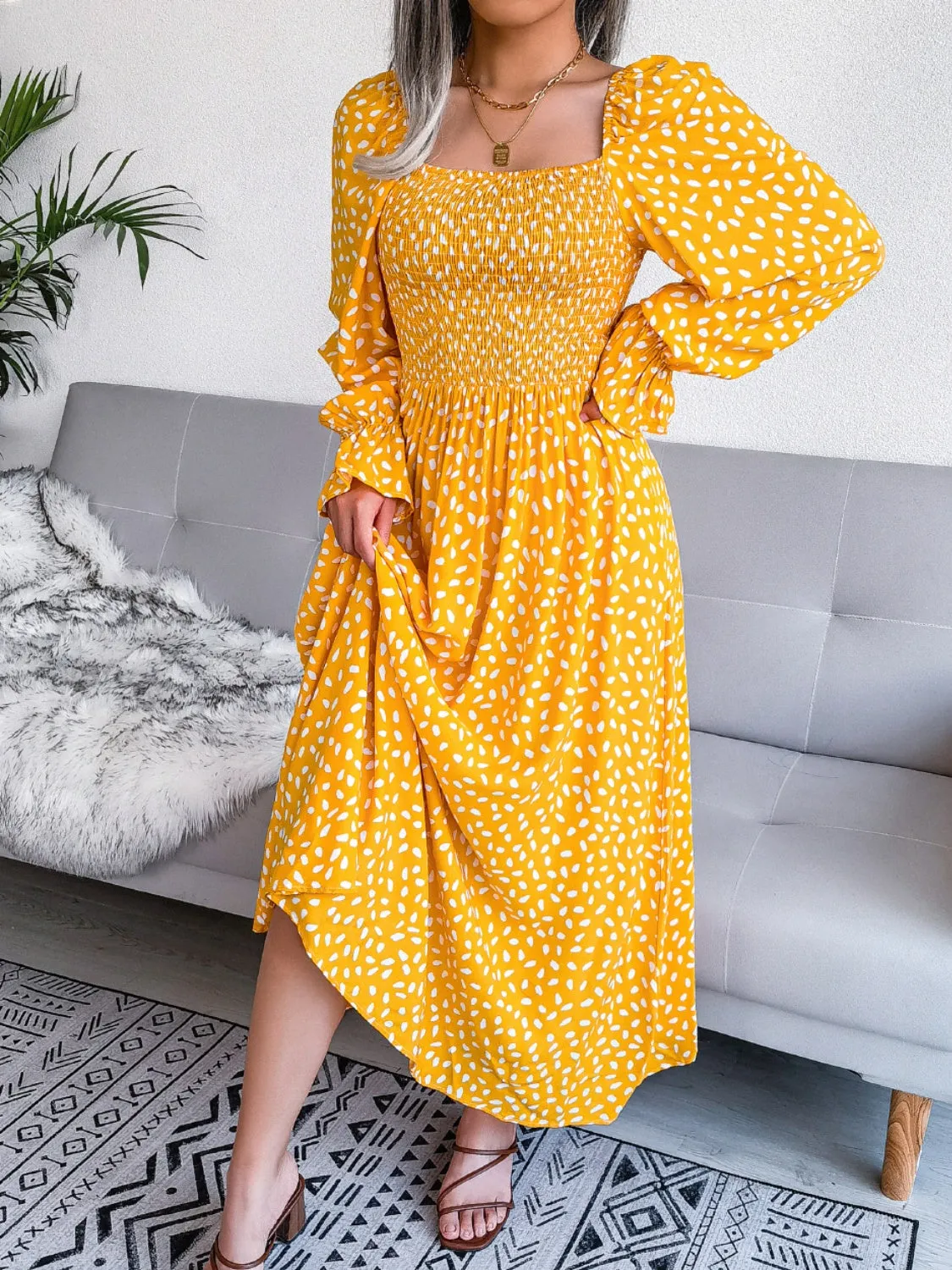 Casual Maxi Dress Smocked Square Neck Flounce Sleeves Women's Fashion