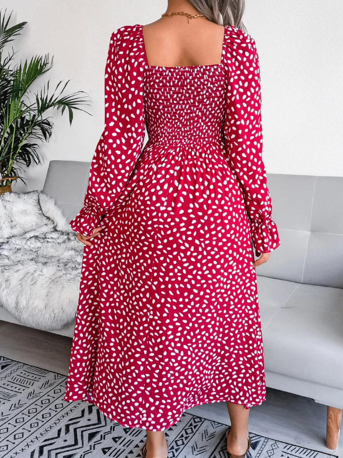 Casual Maxi Dress Smocked Square Neck Flounce Sleeves Women's Fashion