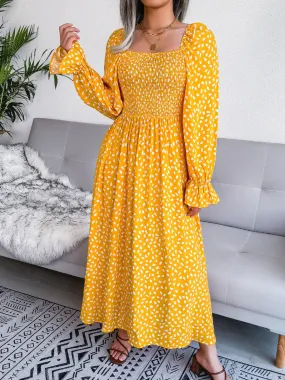 Casual Maxi Dress Smocked Square Neck Flounce Sleeves Women's Fashion