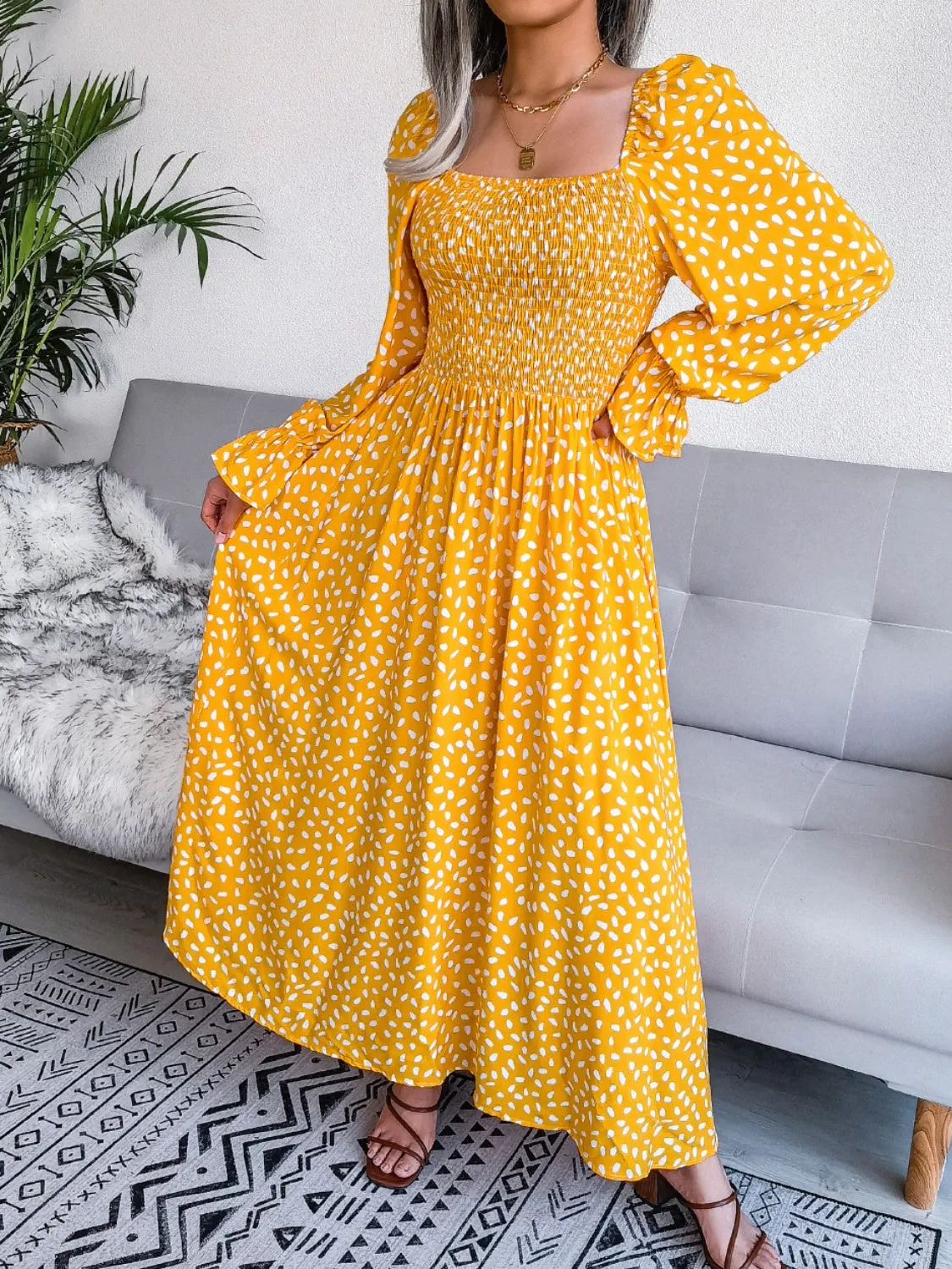 Casual Maxi Dress Smocked Square Neck Flounce Sleeves Women's Fashion