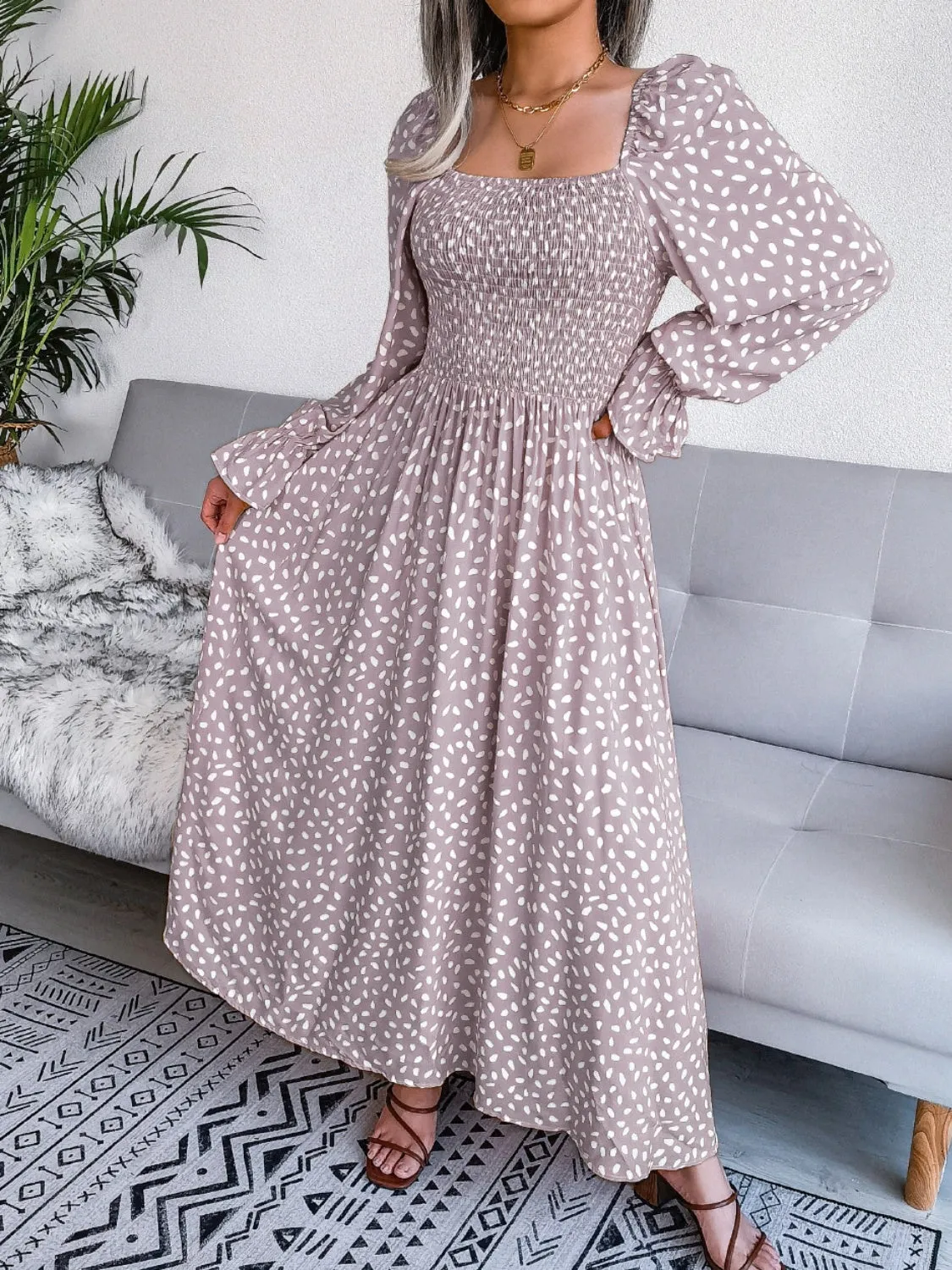 Casual Maxi Dress Smocked Square Neck Flounce Sleeves Women's Fashion