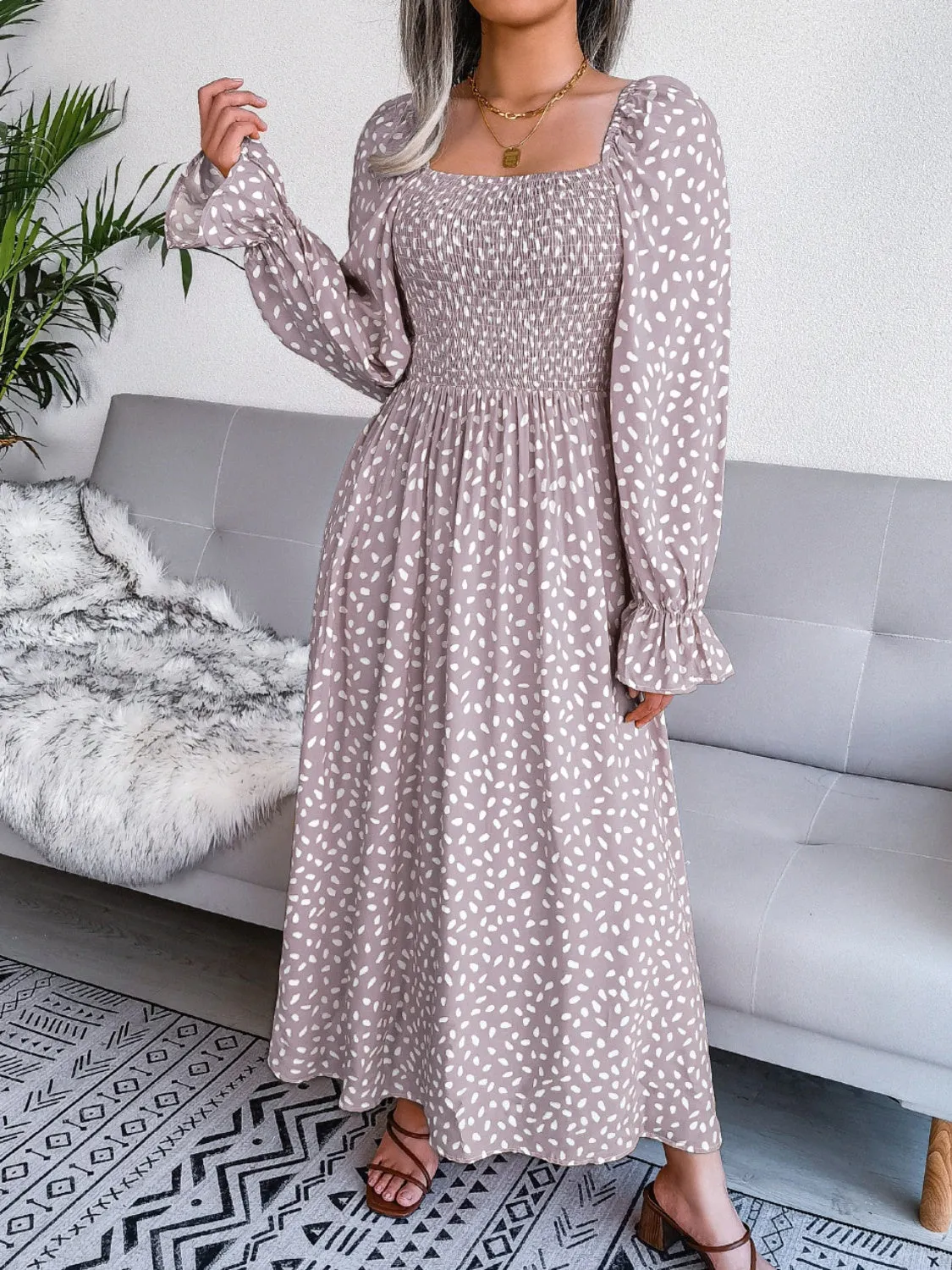 Casual Maxi Dress Smocked Square Neck Flounce Sleeves Women's Fashion