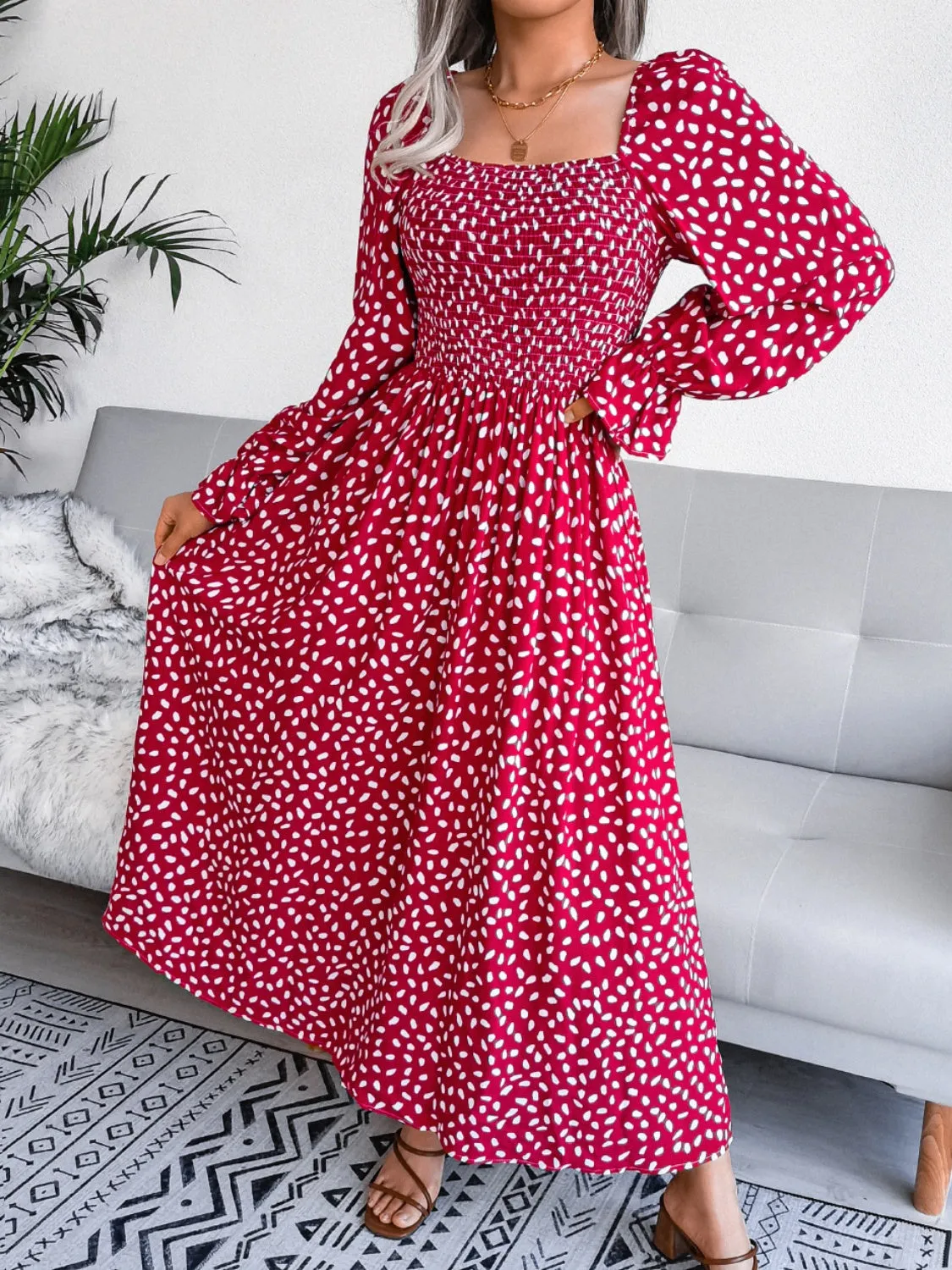 Casual Maxi Dress Smocked Square Neck Flounce Sleeves Women's Fashion