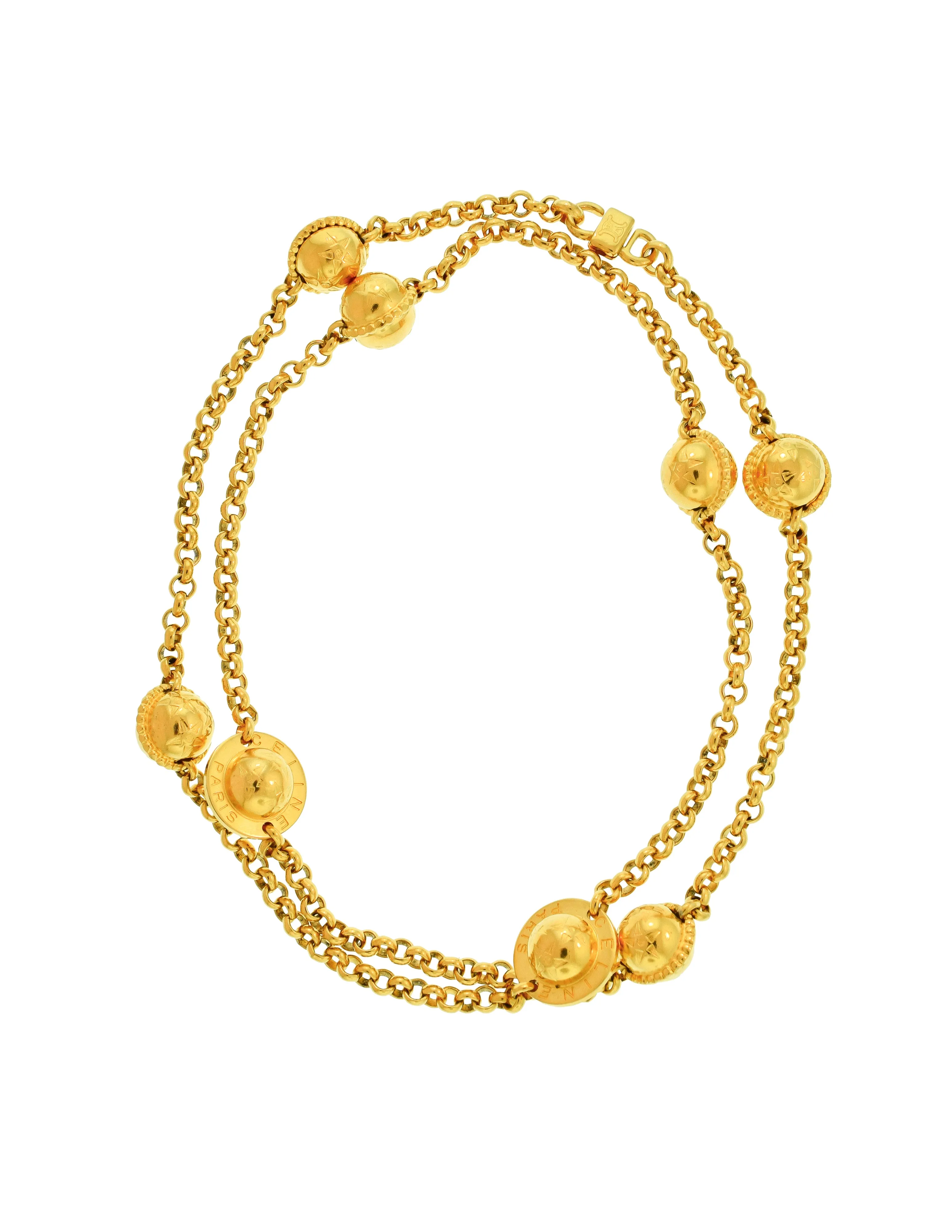 Celine Vintage 1990 Gold Star Orb Globe Charm Chain Sautoir Necklace