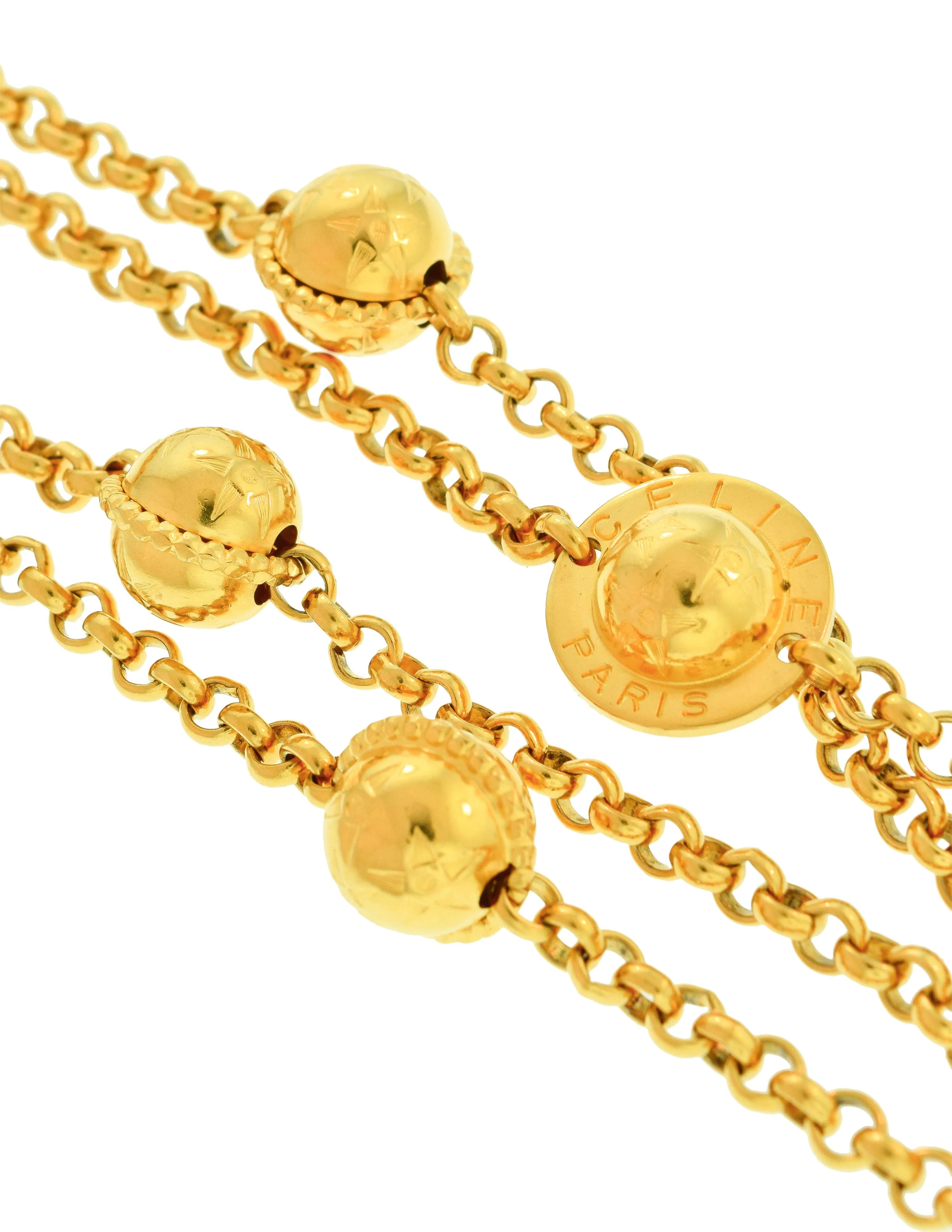 Celine Vintage 1990 Gold Star Orb Globe Charm Chain Sautoir Necklace