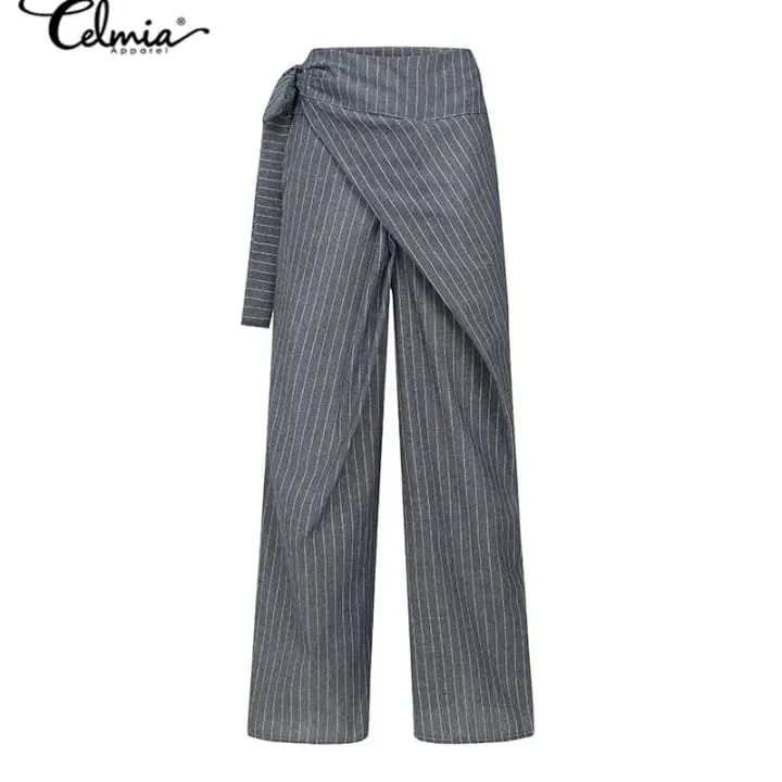 Celmia Women's Wide Leg Cotton Palazzo Pants High Waist Belted Pants Striped Pants 3XL S2390822