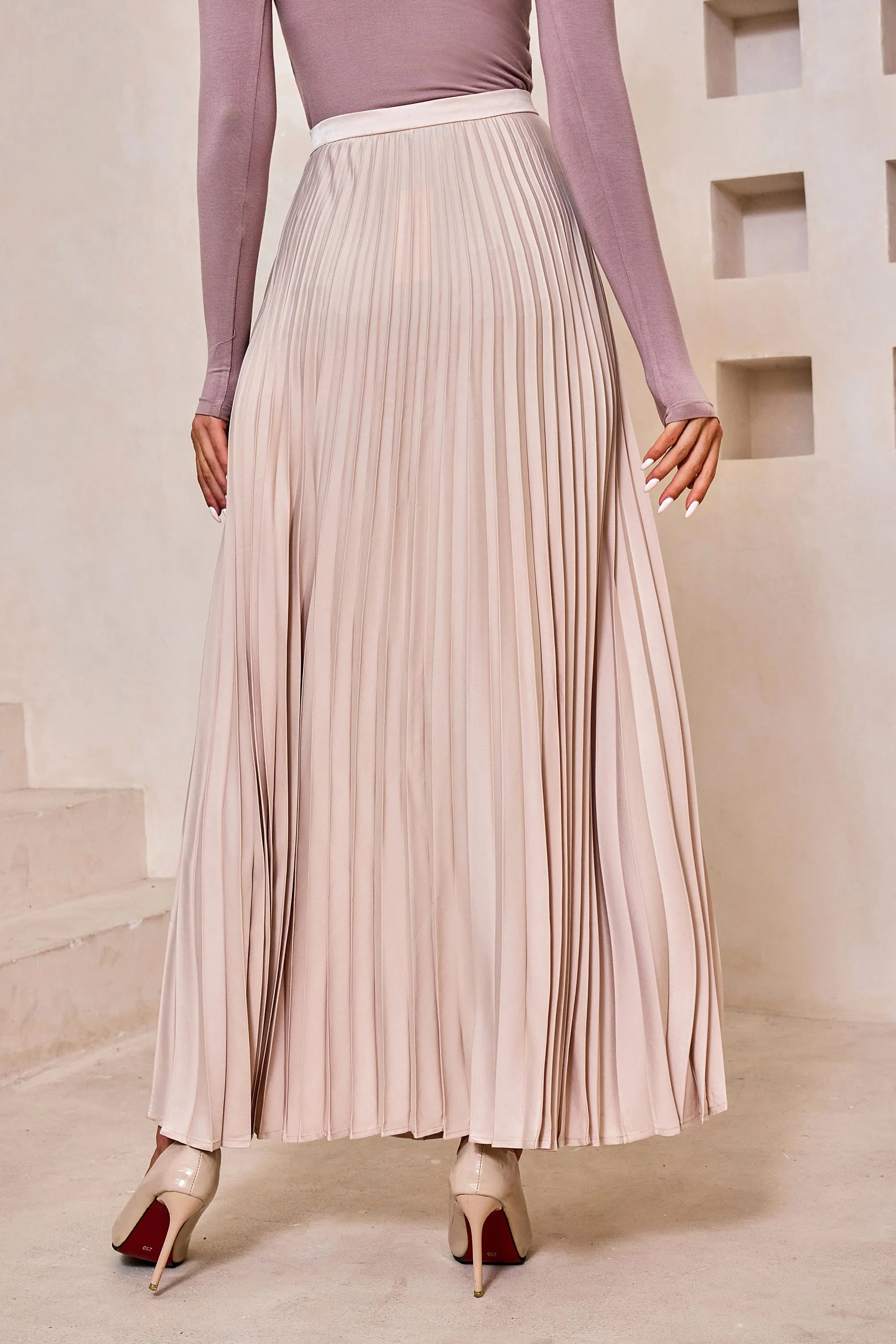 Champagne Satin Pleated Maxi Skirt-CLEARANCE