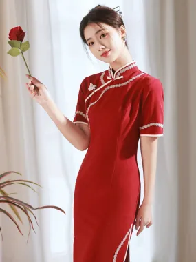 Cheongsam for Tea Ceremony, Traditional Chinese Dress, Garnet