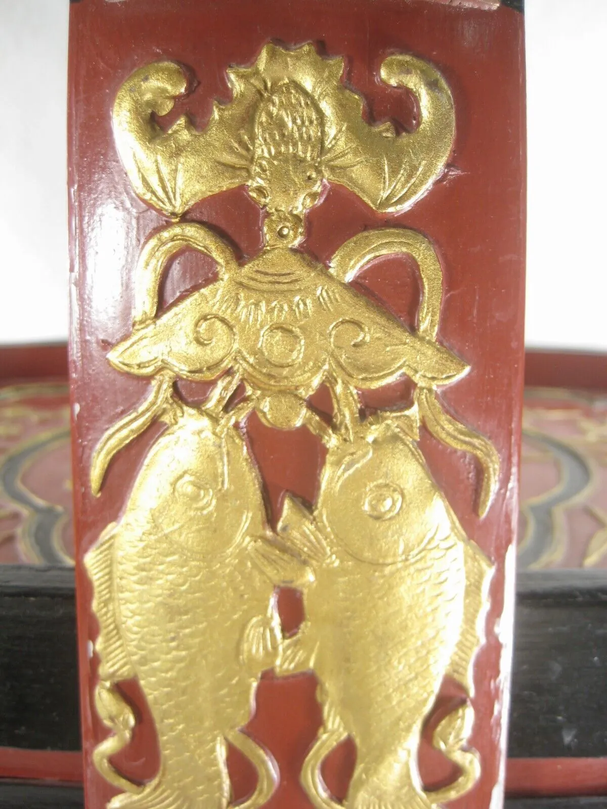 Chinese Ornate Lidded Wooden Lacquer Gold, Red & Picnic Box With Handel