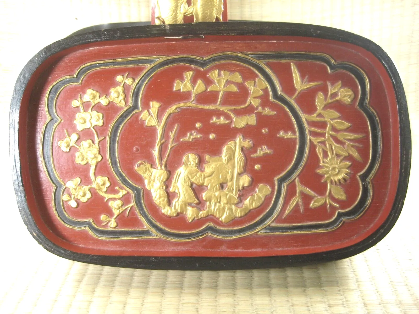 Chinese Ornate Lidded Wooden Lacquer Gold, Red & Picnic Box With Handel