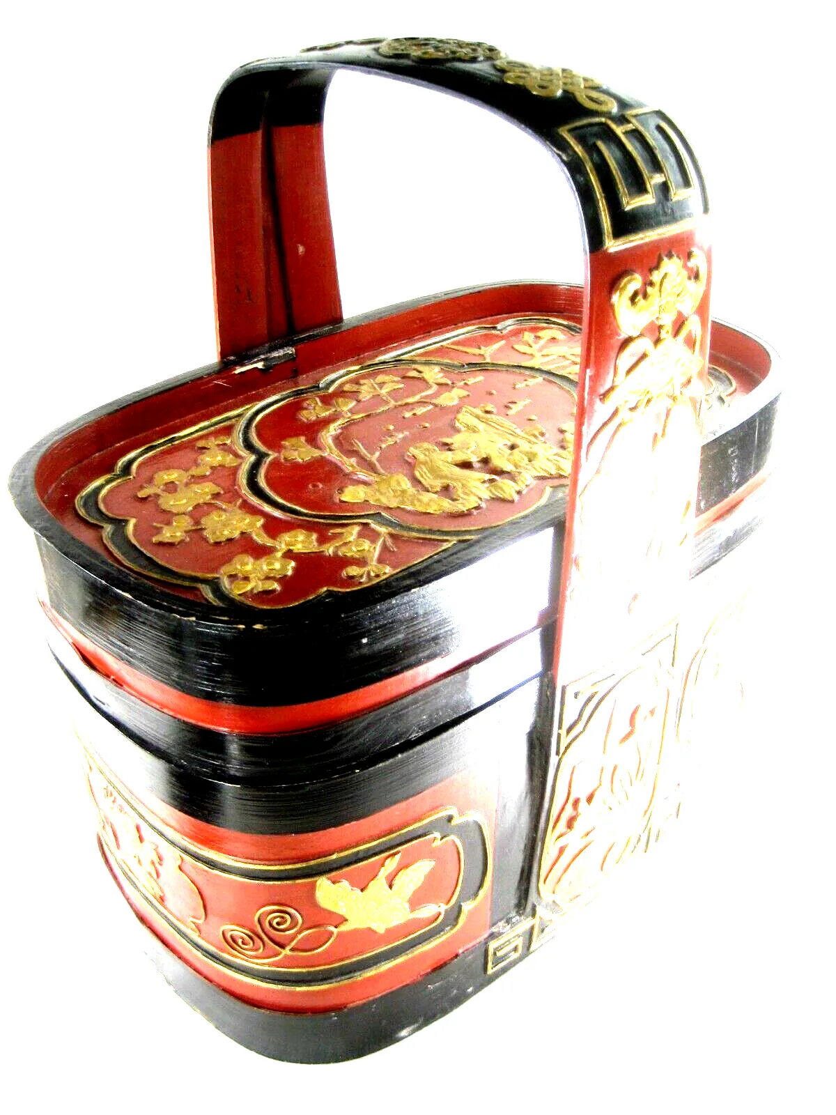 Chinese Ornate Lidded Wooden Lacquer Gold, Red & Picnic Box With Handel