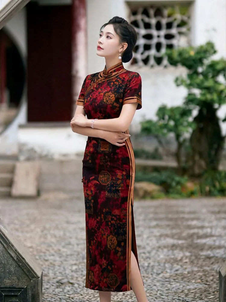 Chinese Style Classic Festive Vintage Red Cheongsam Dress with Floral Print for Women