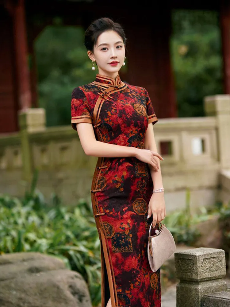 Chinese Style Classic Festive Vintage Red Cheongsam Dress with Floral Print for Women