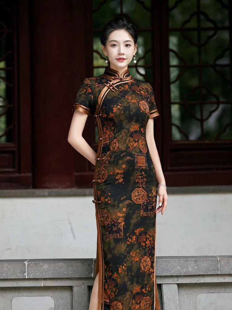 Chinese Style Classic Festive Vintage Red Cheongsam Dress with Floral Print for Women