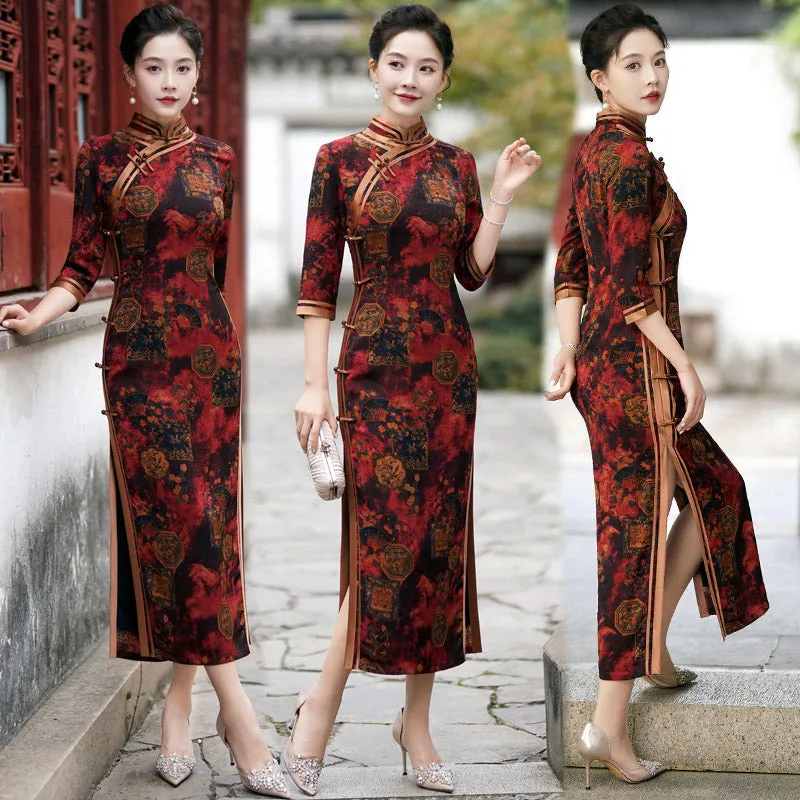 Chinese Style Classic Festive Vintage Red Cheongsam Dress with Floral Print for Women