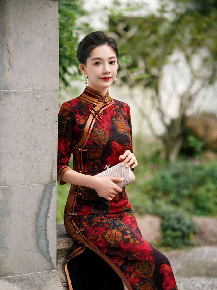 Chinese Style Classic Festive Vintage Red Cheongsam Dress with Floral Print for Women