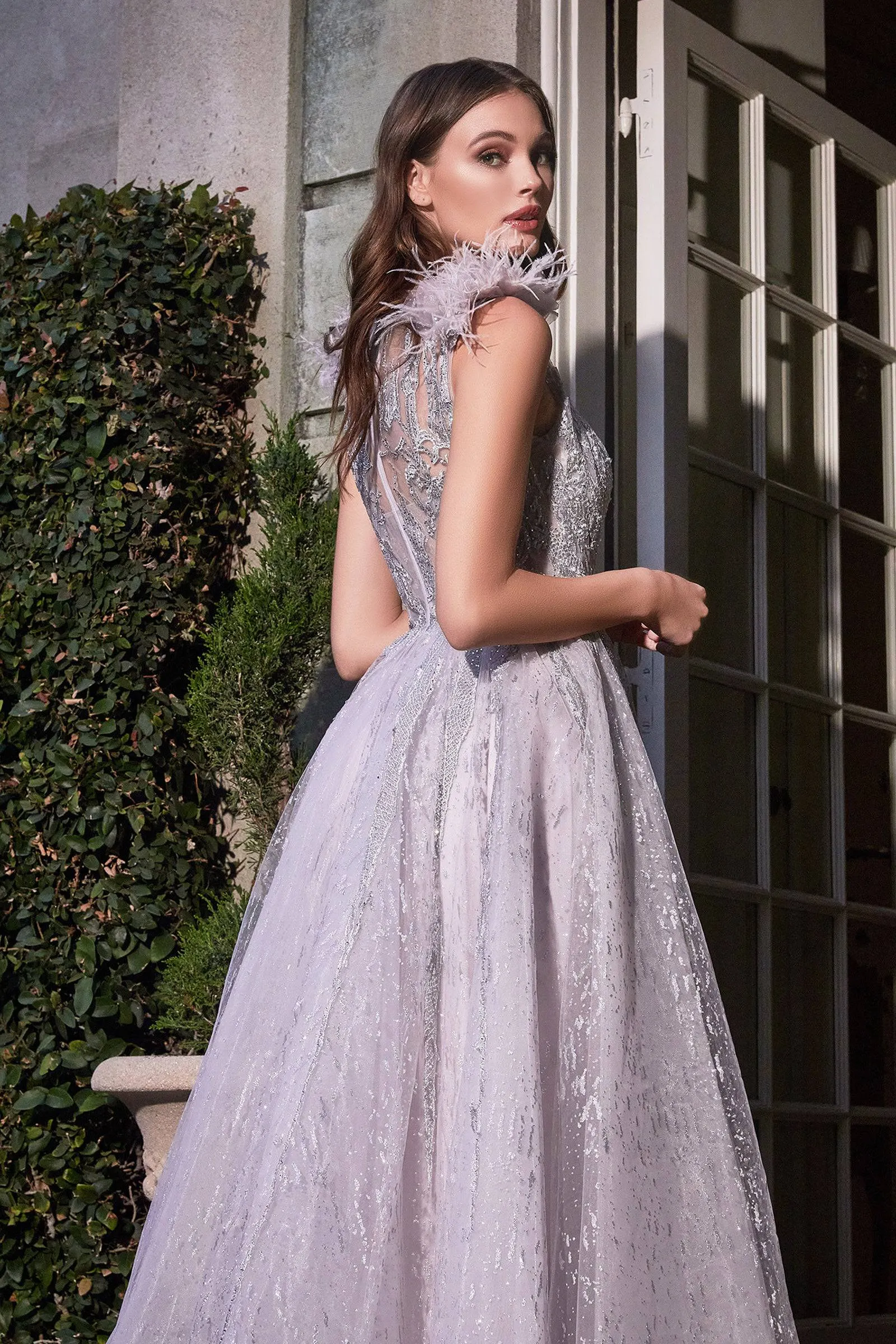 Cinderella Divine B704 Ladivine Sparkling Tulle & Bead Feathered Ball Gown