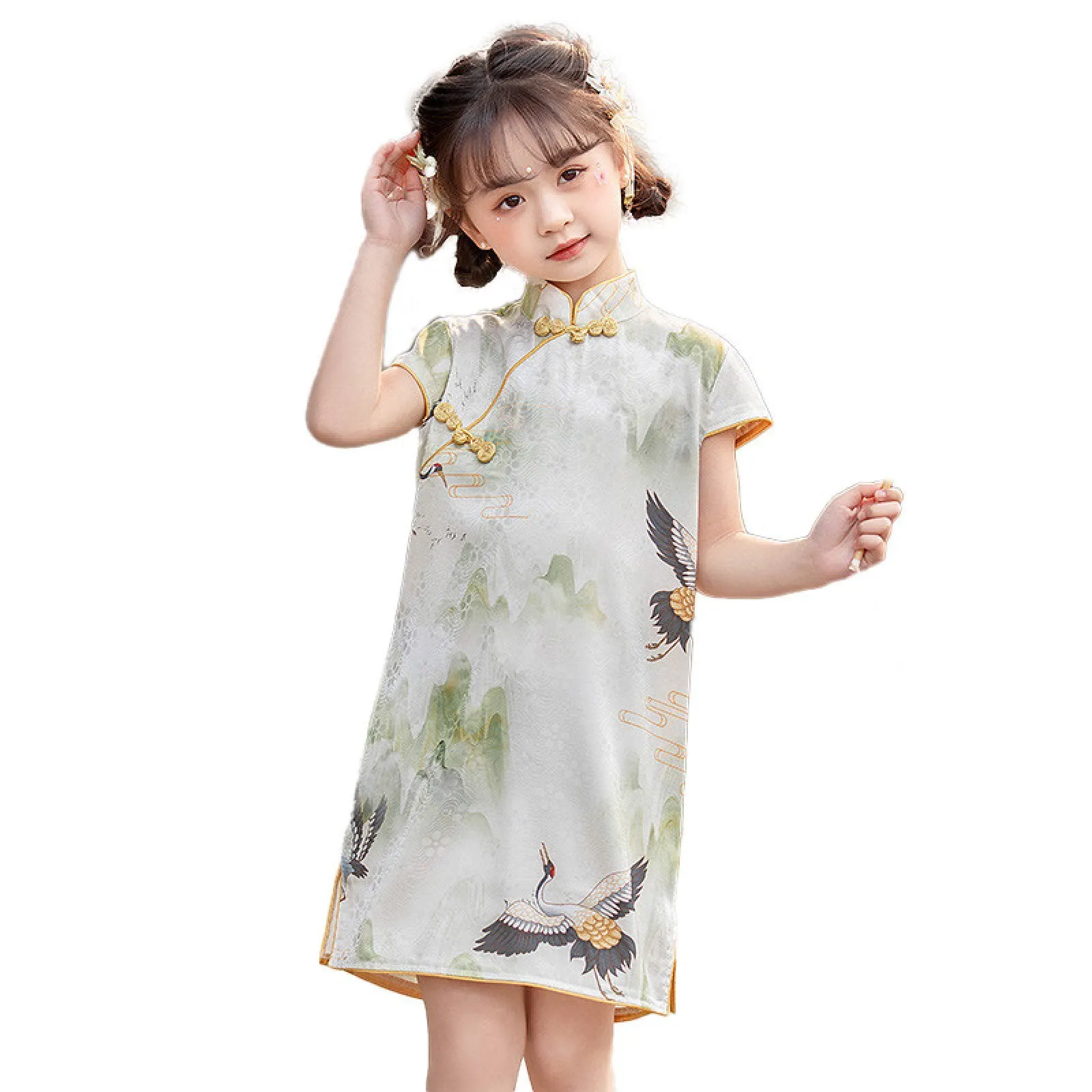 'Crane' Girls' Traditional Chinese Pattern Cheongsam