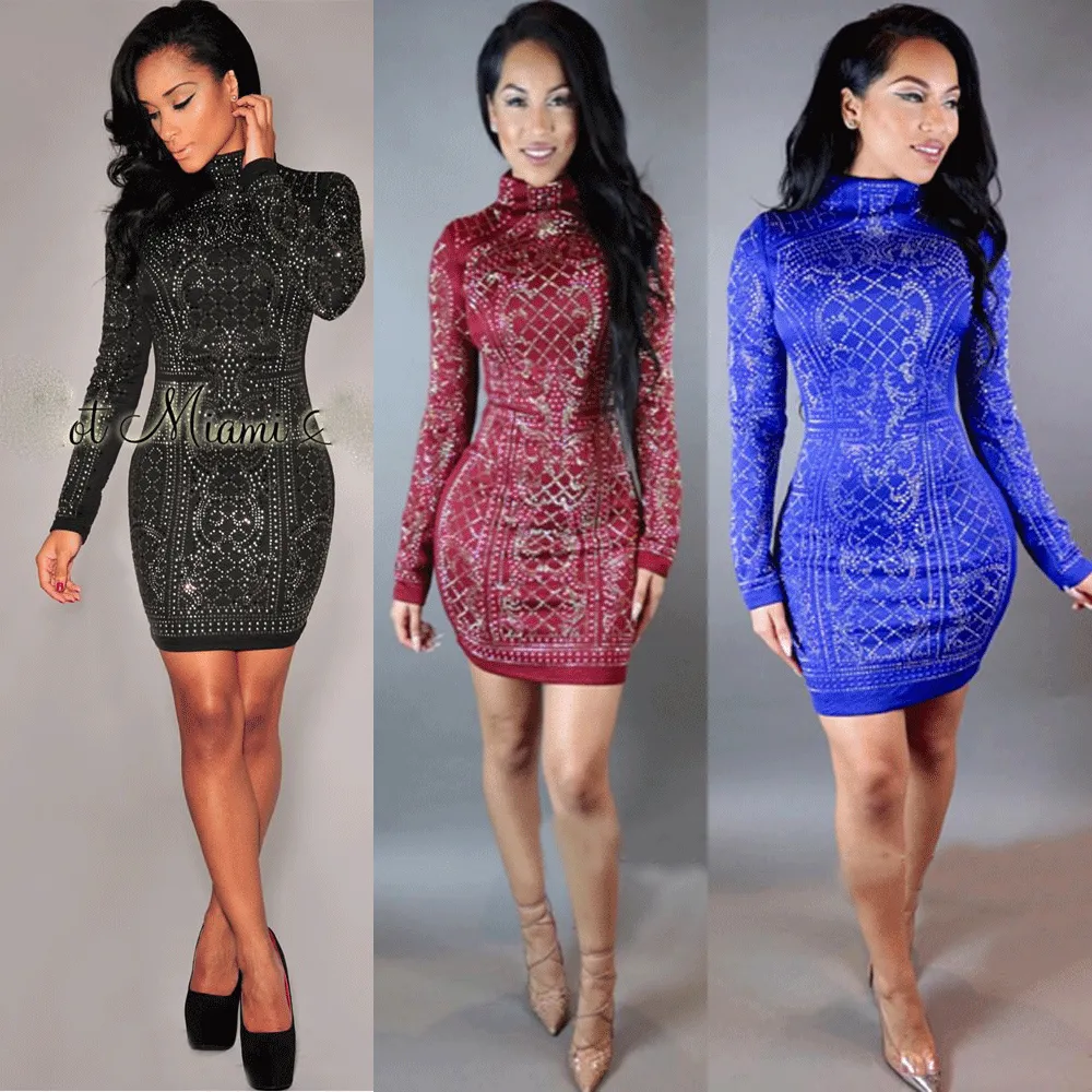 Crystal High Neck Long Sleeve Short Bodycon Dress