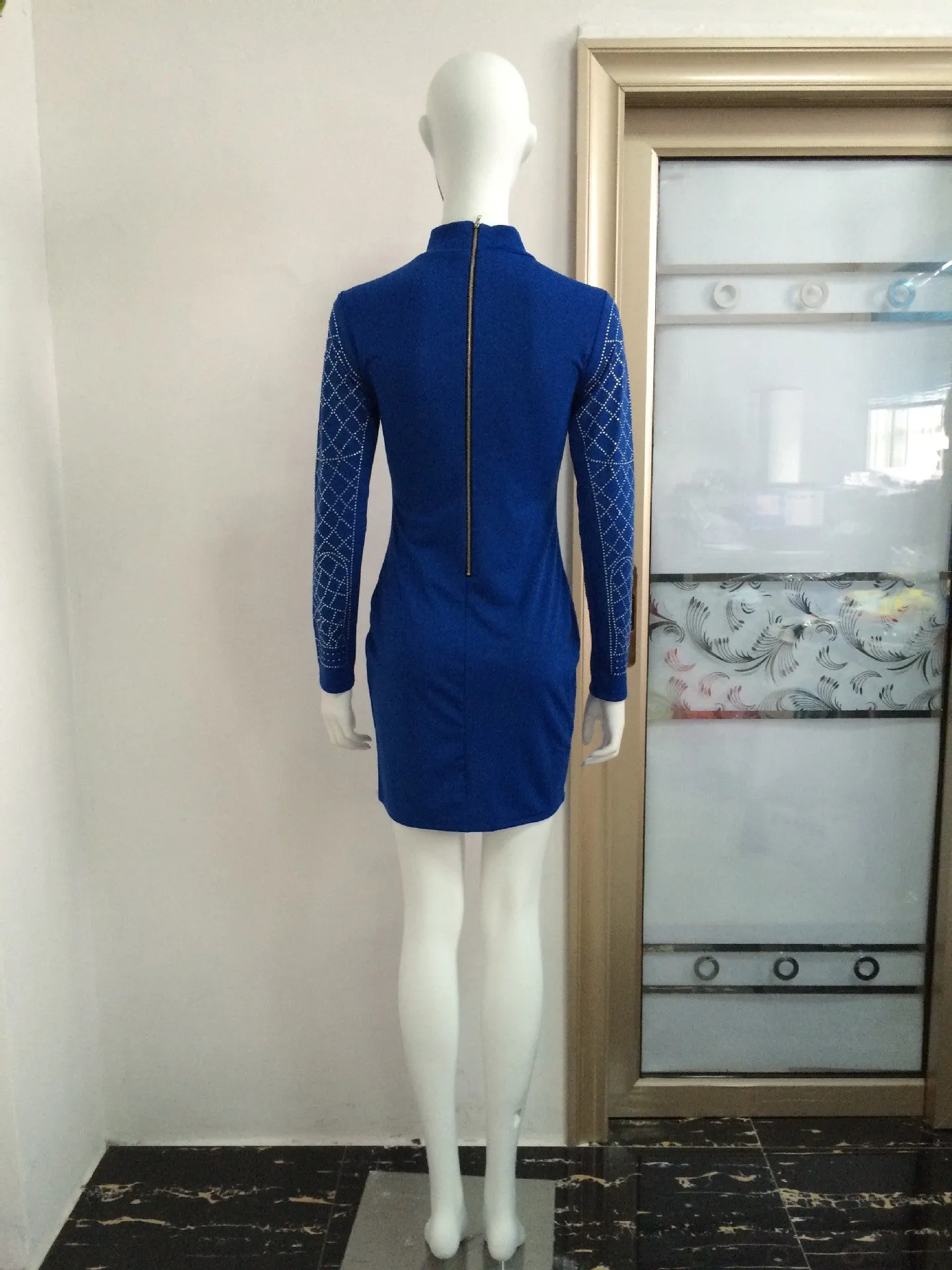 Crystal High Neck Long Sleeve Short Bodycon Dress