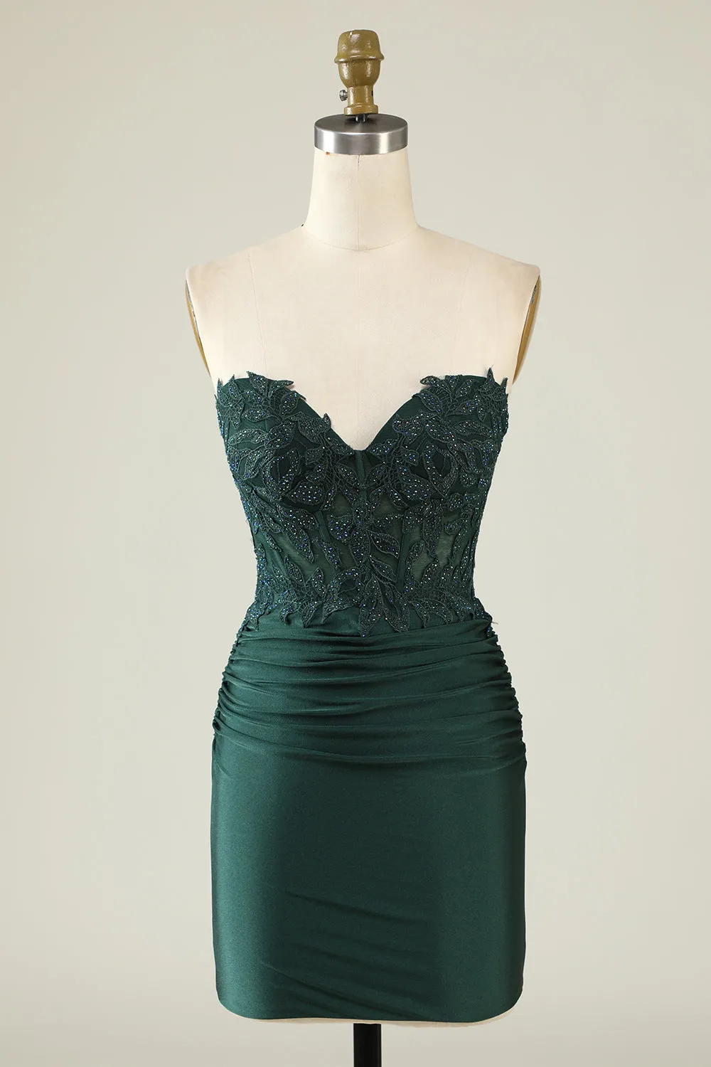 Dark Green Bodycon Strapless Applique Short Homecoming Dress with Beading