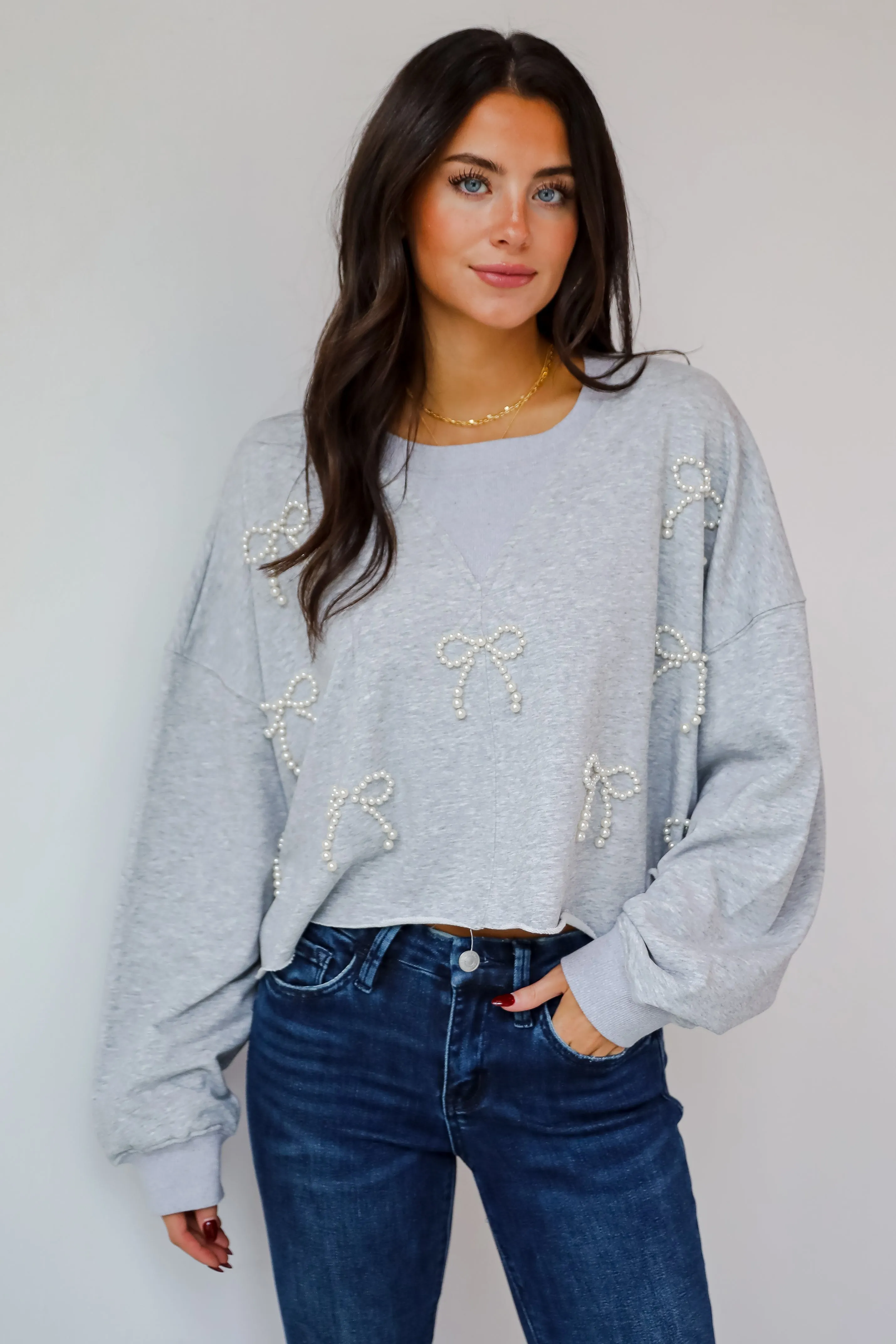 Dazzling Warmth Pearl Bow Cropped Pullover