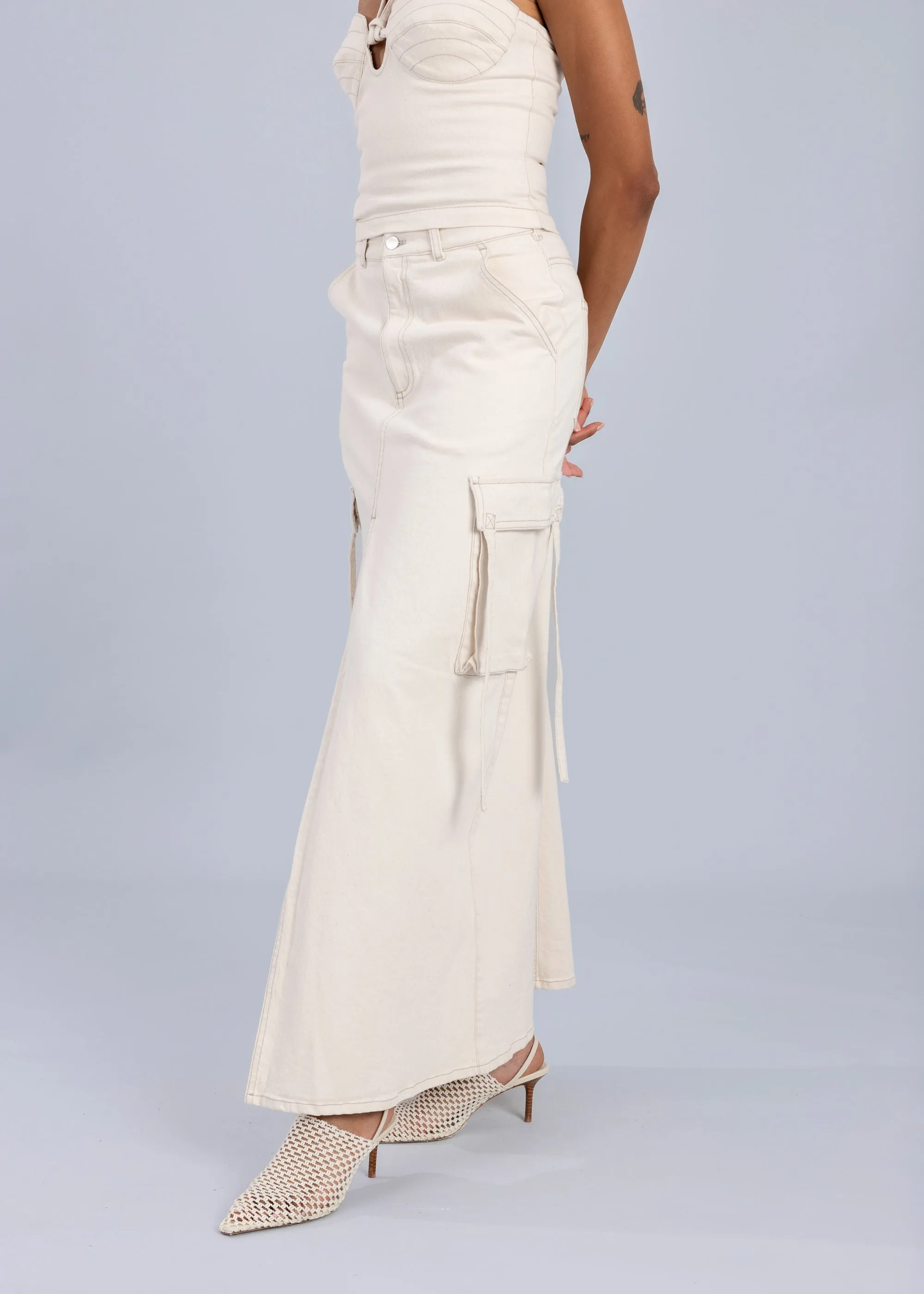 Denim Cargo Maxi Skirt