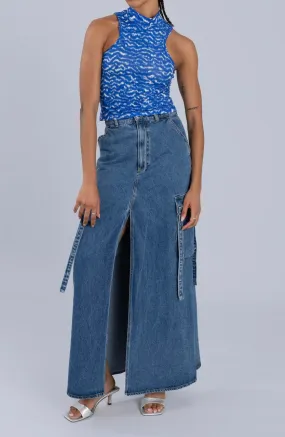 Denim Cargo Maxi Skirt