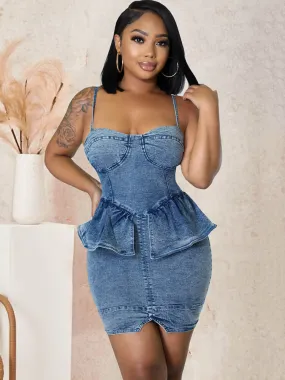 Denim Spaghetti Strap Ruffle Bodycon Mini Dresses