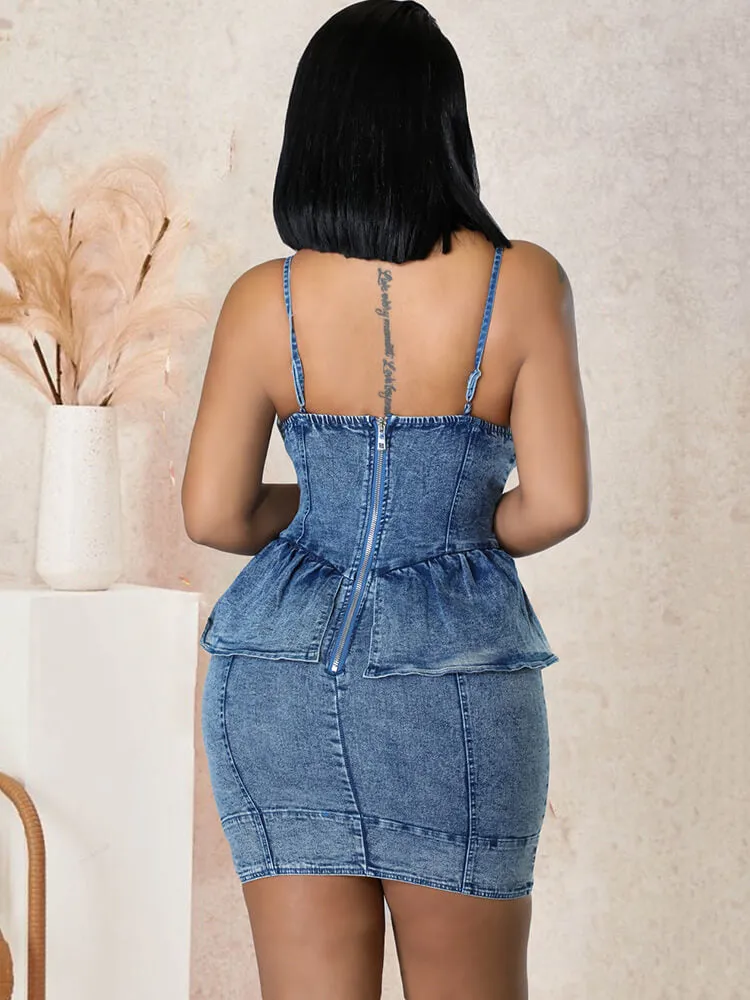 Denim Spaghetti Strap Ruffle Bodycon Mini Dresses