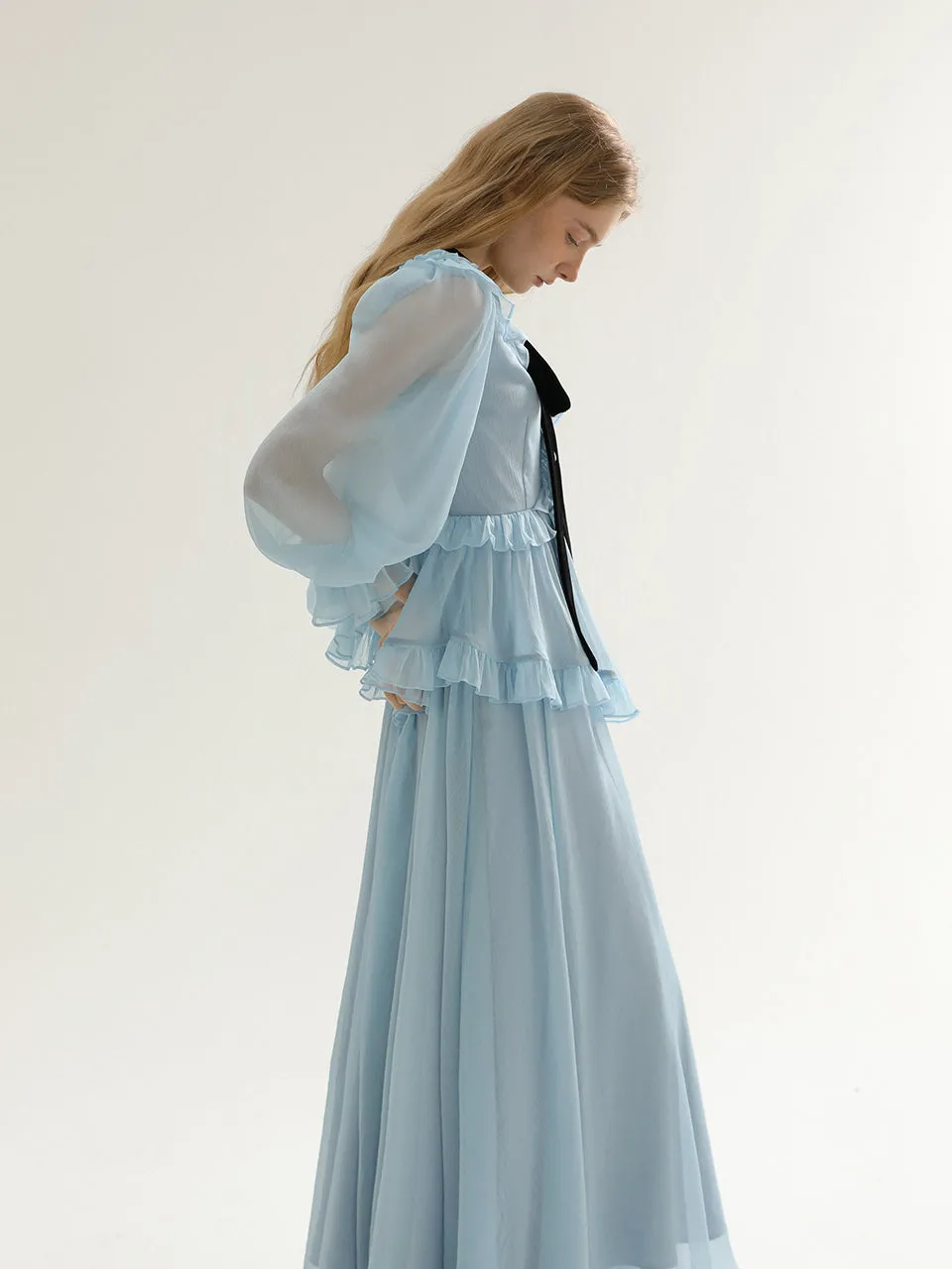 Diamant ruffle long dress (blue)