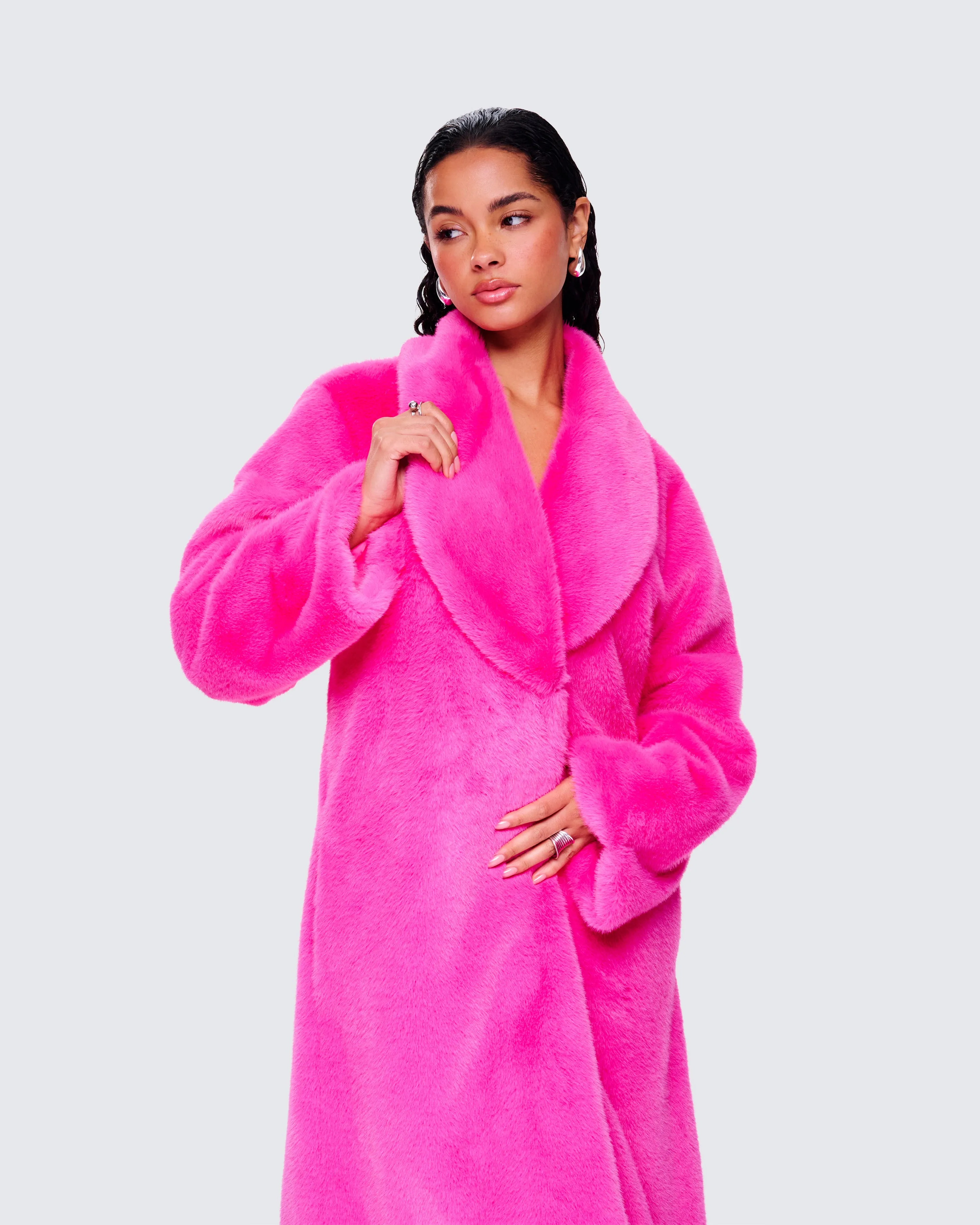 Dorinne Hot Pink Vegan Fur Coat