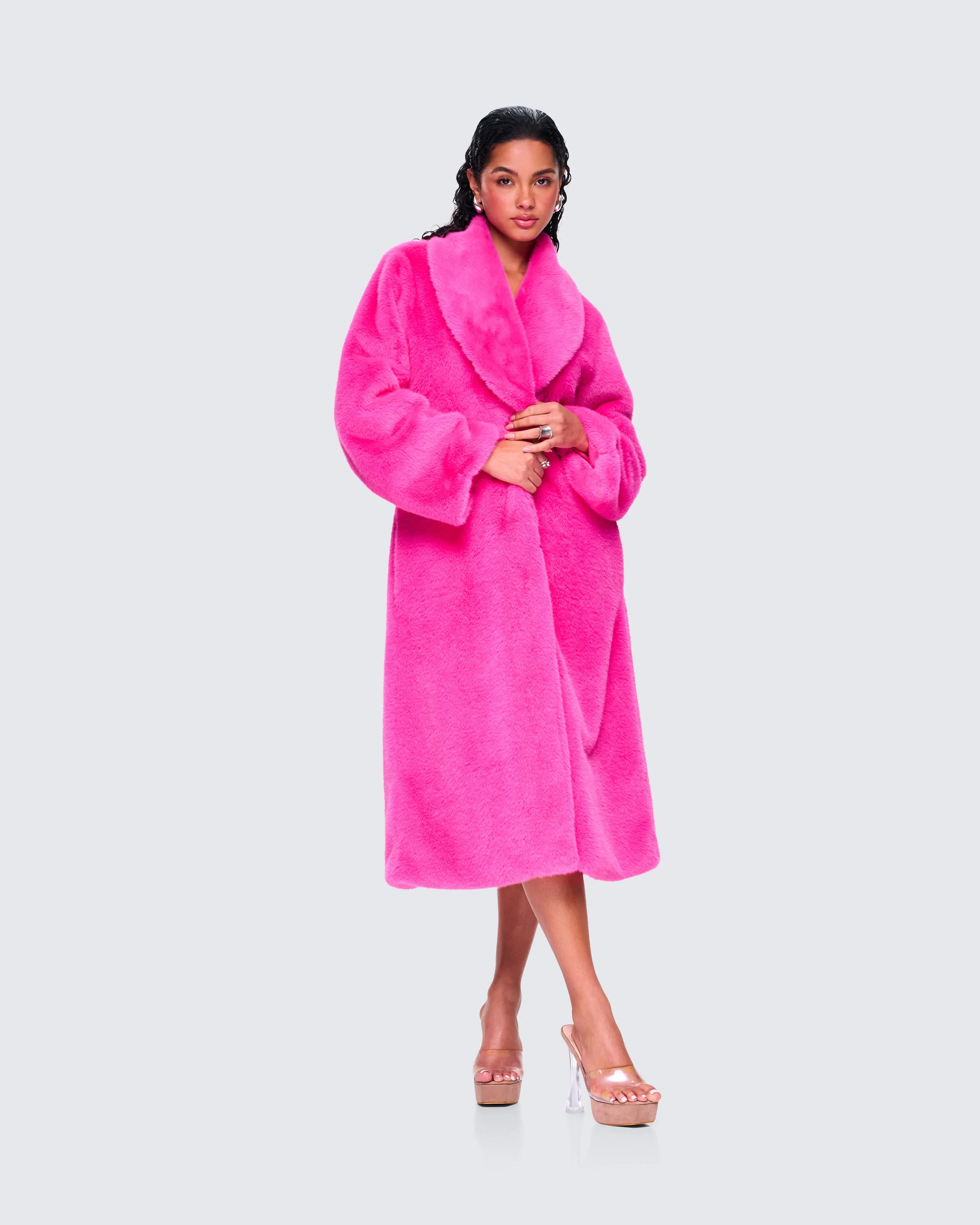 Dorinne Hot Pink Vegan Fur Coat