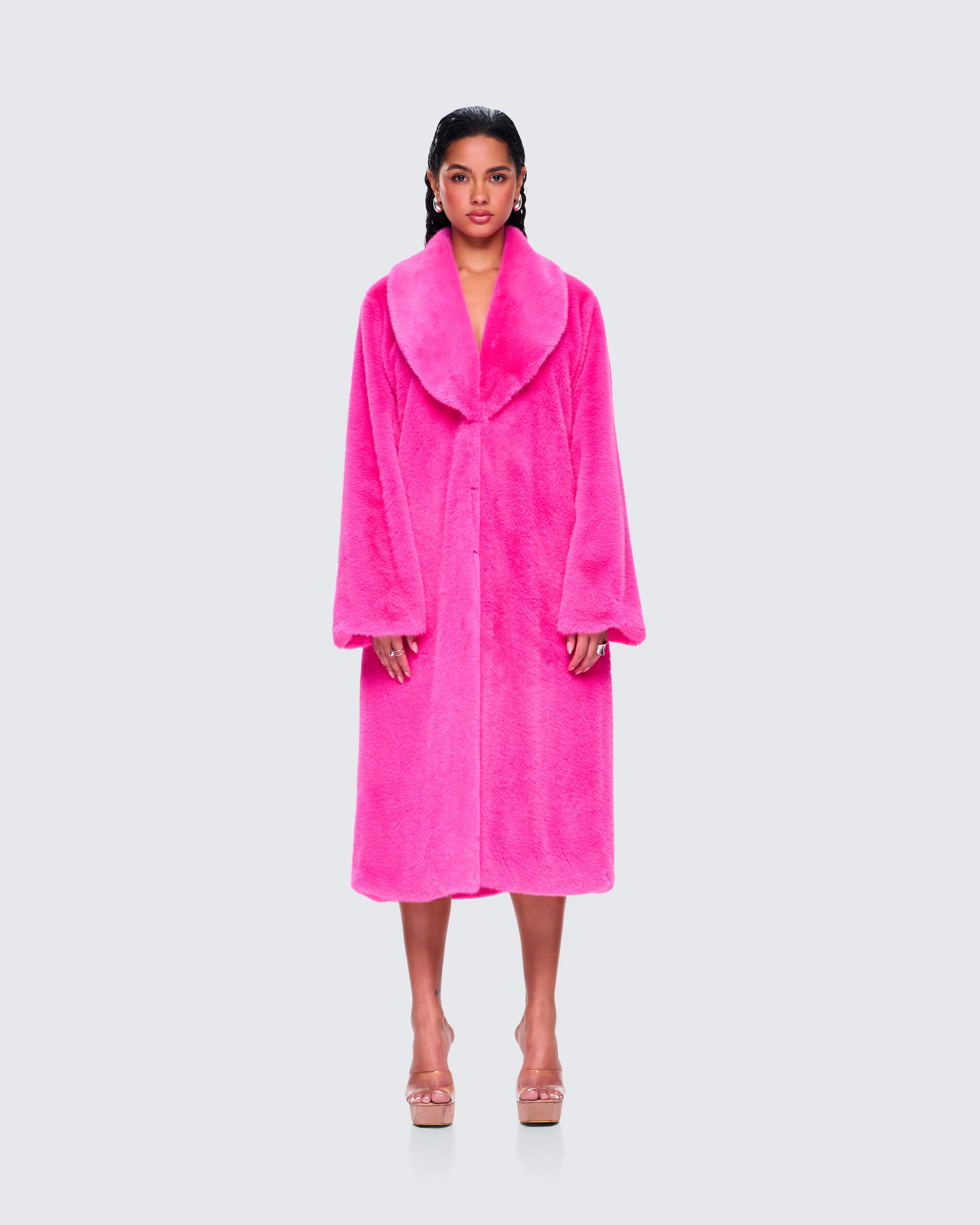 Dorinne Hot Pink Vegan Fur Coat