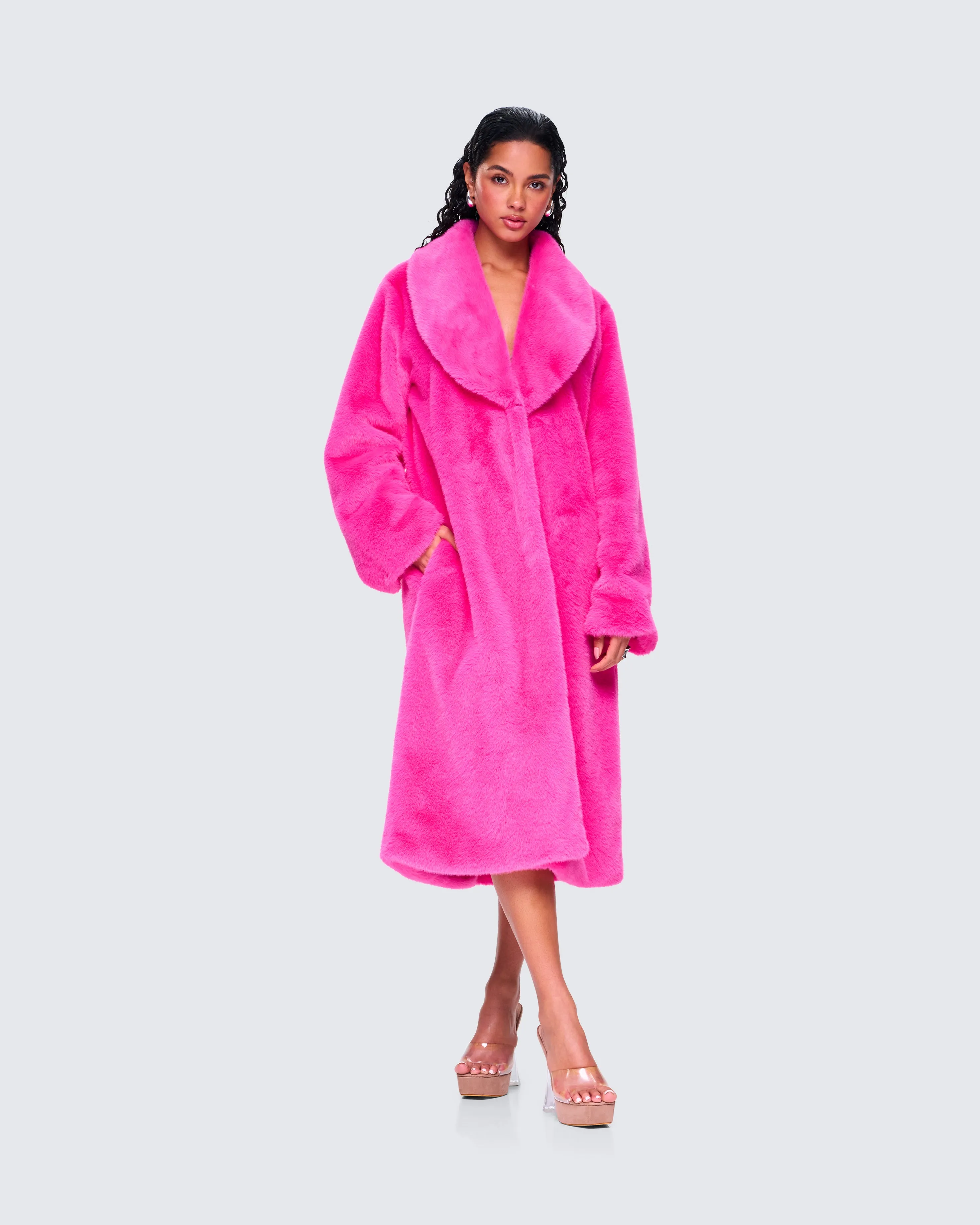 Dorinne Hot Pink Vegan Fur Coat