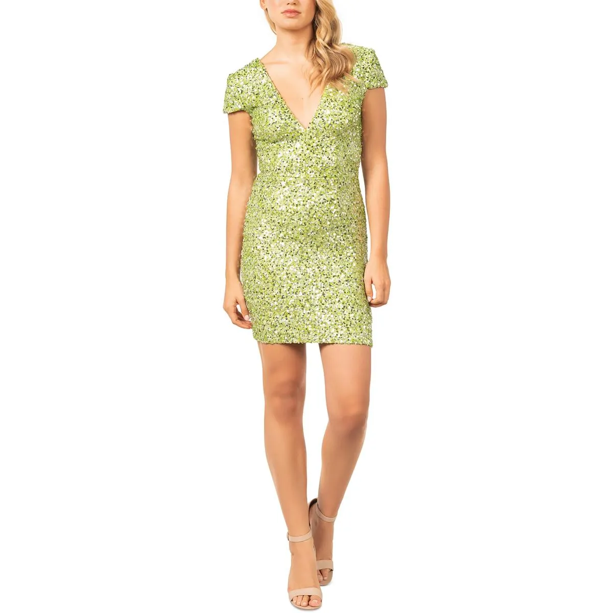 Dress The Population Womens Mesh Sequined Bodycon Dress