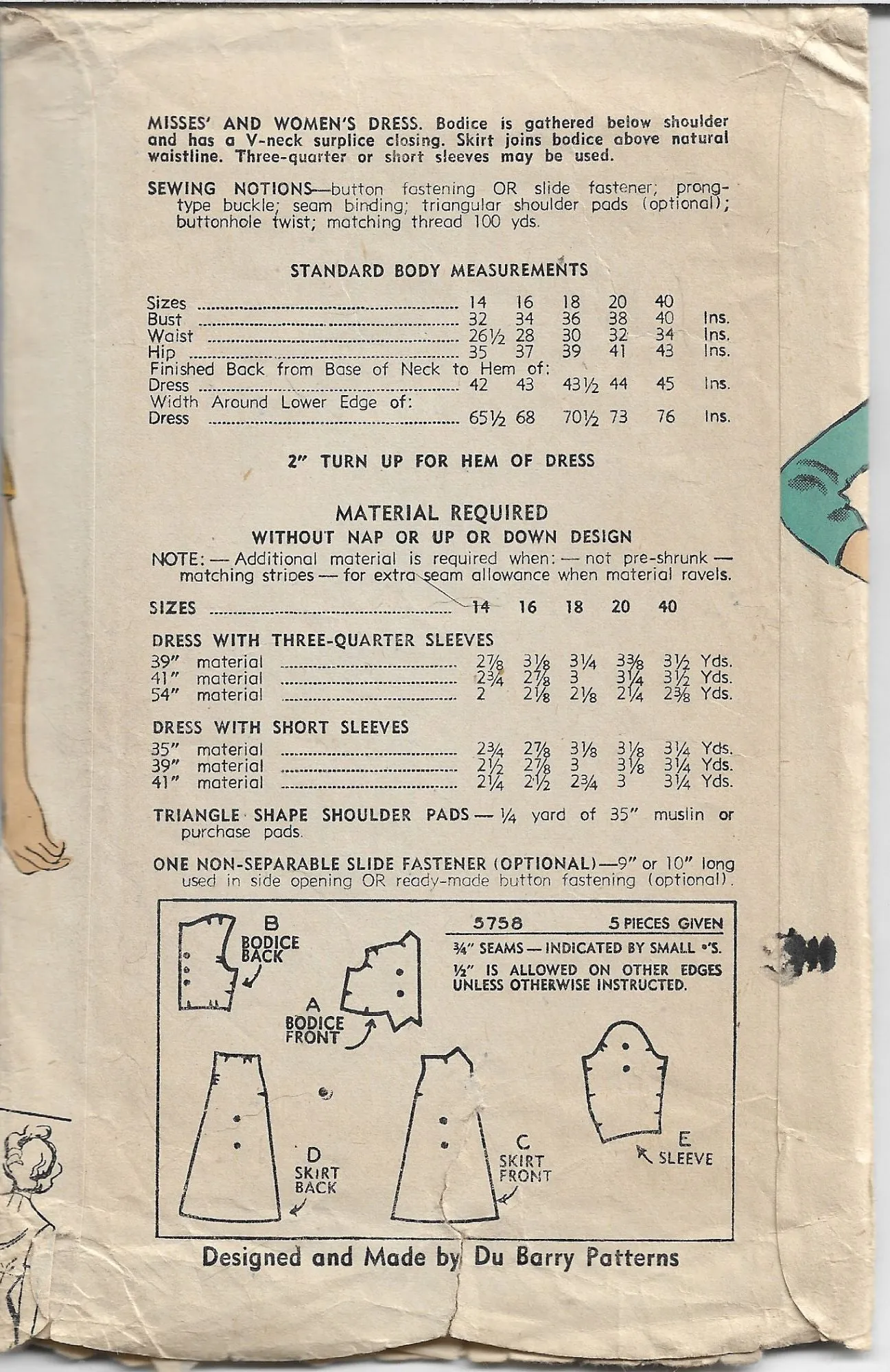 DuBarry 5758 Ladies Dress Vintage Sewing Pattern 1940s Rare Unprinted