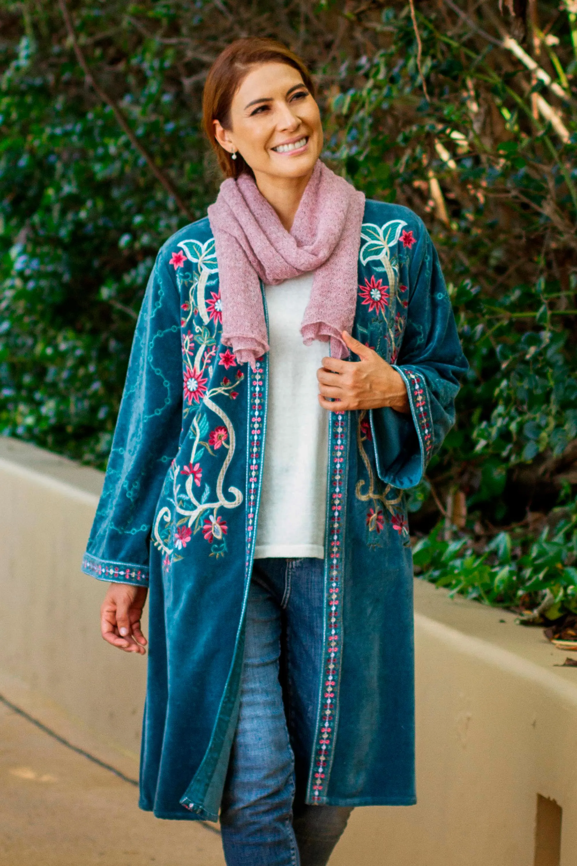 Embroidered Chic Embroidered Long Blue Cotton Velvet Open Front Jacket